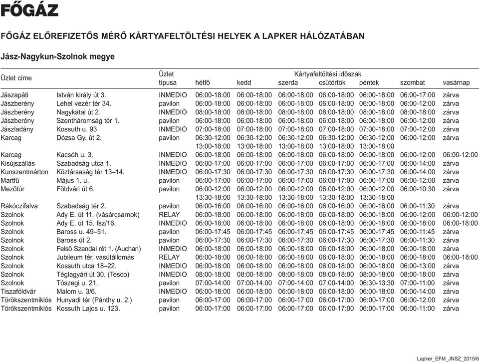 INMEDIO 08:00-18:00 08:00-18:00 08:00-18:00 08:00-18:00 08:00-18:00 08:00-18:00 zárva Jászberény Szentháromság tér 1.