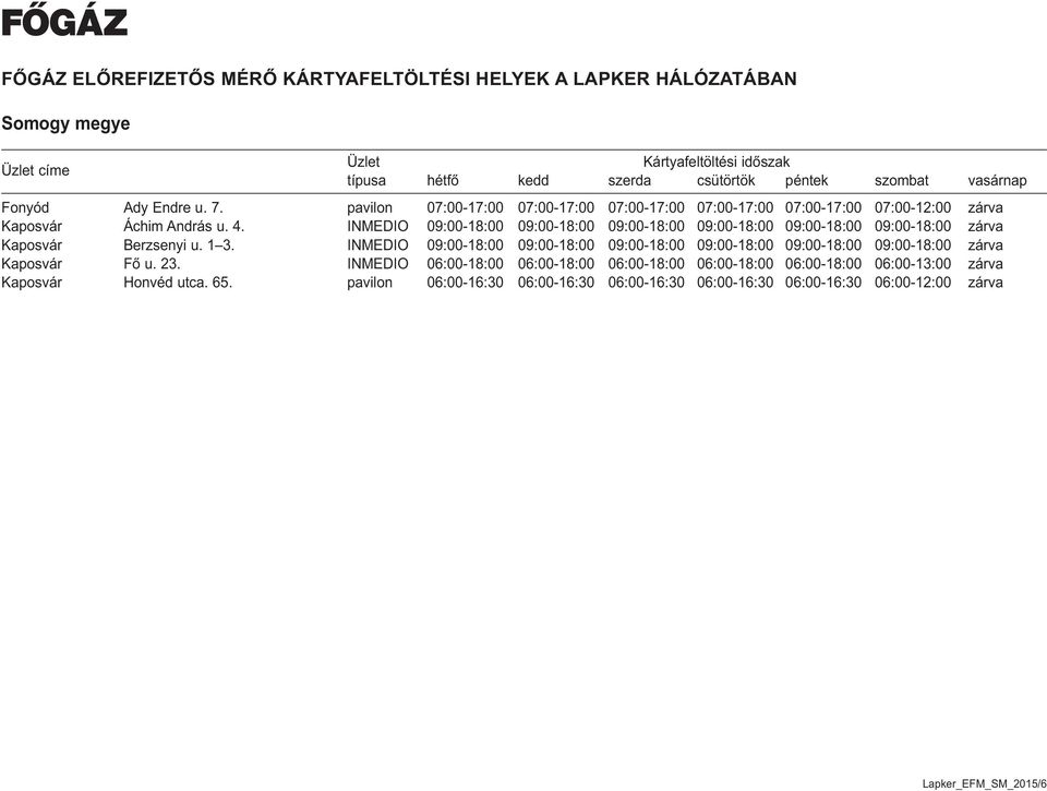 INMEDIO 09:00-18:00 09:00-18:00 09:00-18:00 09:00-18:00 09:00-18:00 09:00-18:00 zárva Kaposvár Fő u. 23.