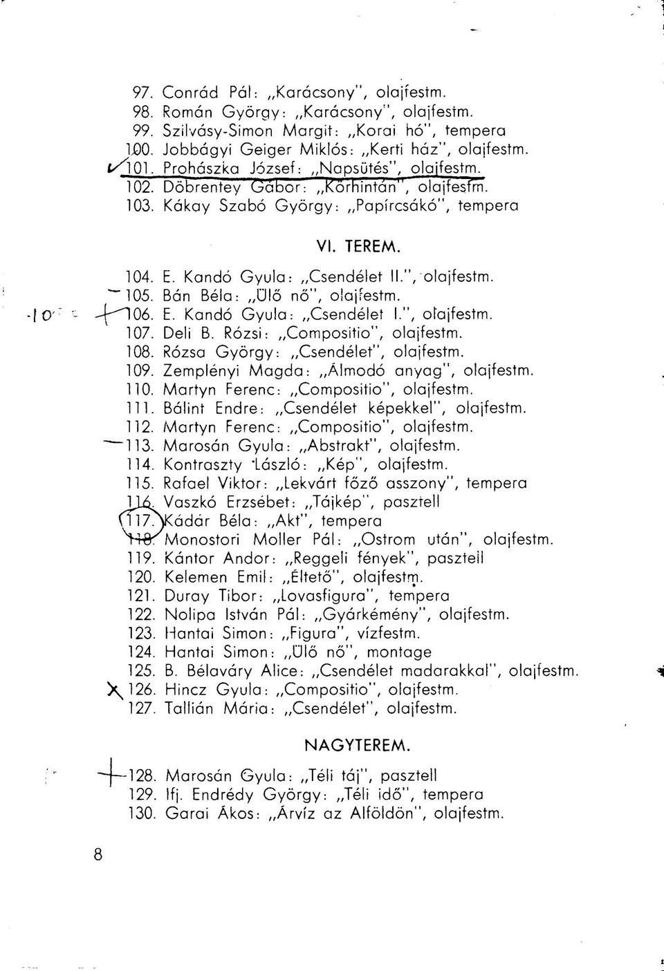 Bán Béla: ülő nő", olajfestm. -"106. E. Kandó Gyula: Csendélet I.", olajfestm. 107. Deli B. Rózsi: Compositio", olajfestm. 108. Rózsa György: Csendélet", olajfestm. 109.