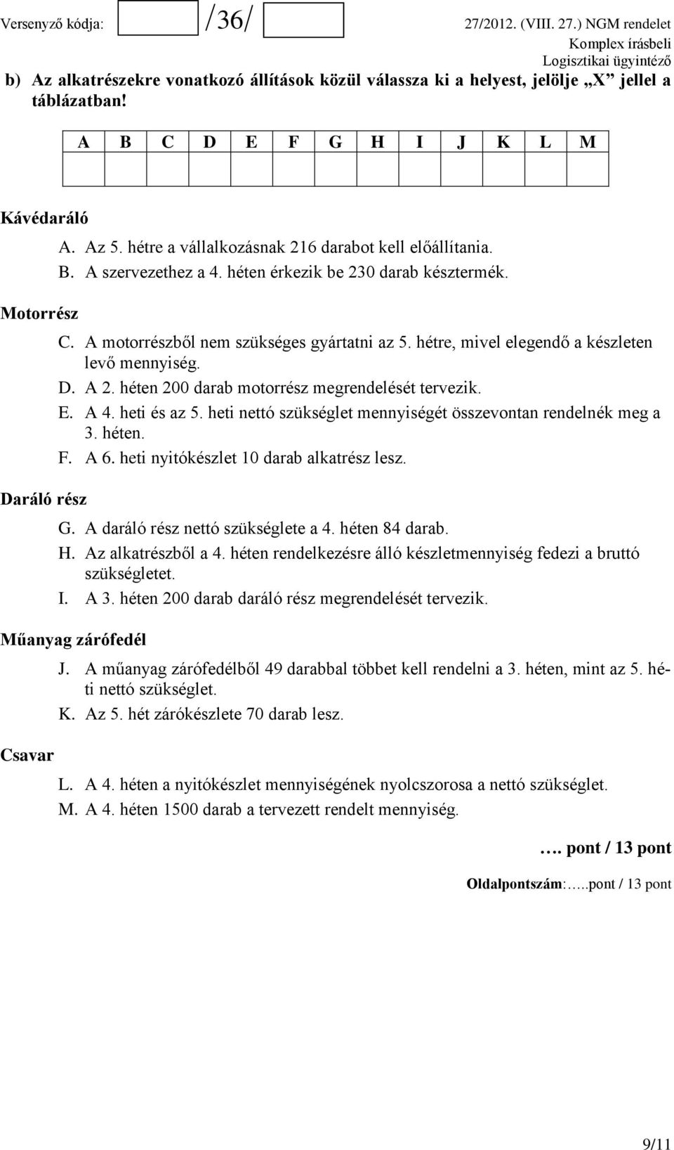 hétre, mivel elegendő a készleten levő mennyiség. D. A 2. héten 200 darab motorrész megrendelését tervezik. E. A 4. heti és az 5. heti nettó szükséglet mennyiségét összevontan rendelnék meg a 3.