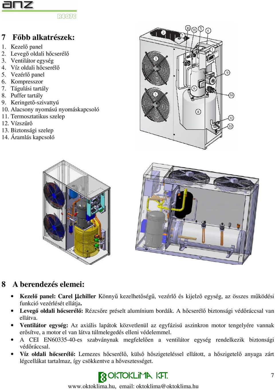 Áramlás kapcsoló 8 A berendezés elemei: Kezel panel: Carel µchiller Könny kezelhetség, vezérl és kijelz egység, az összes mködési funkció vezérlését ellátja.