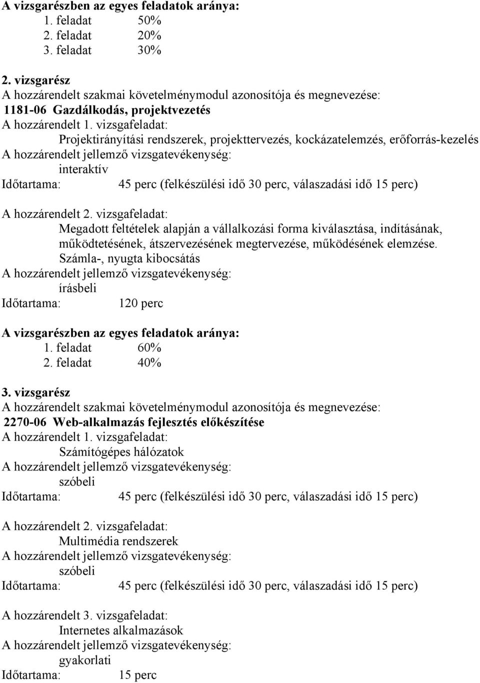 vizsgafeladat: Projektirányítási rendszerek, projekttervezés, kockázatelemzés, erőforrás-kezelés interaktív Időtartama: 45 perc (felkészülési idő 30 perc, válaszadási idő 15 perc) A hozzárendelt 2.