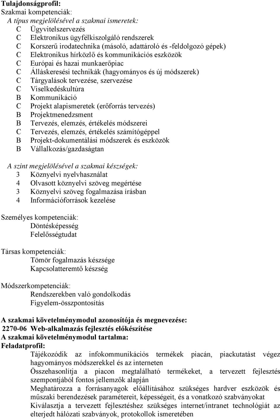 Viselkedéskultúra B Kommunikáció C Projekt alapismeretek (erőforrás tervezés) B Projektmenedzsment B Tervezés, elemzés, értékelés módszerei C Tervezés, elemzés, értékelés számítógéppel B