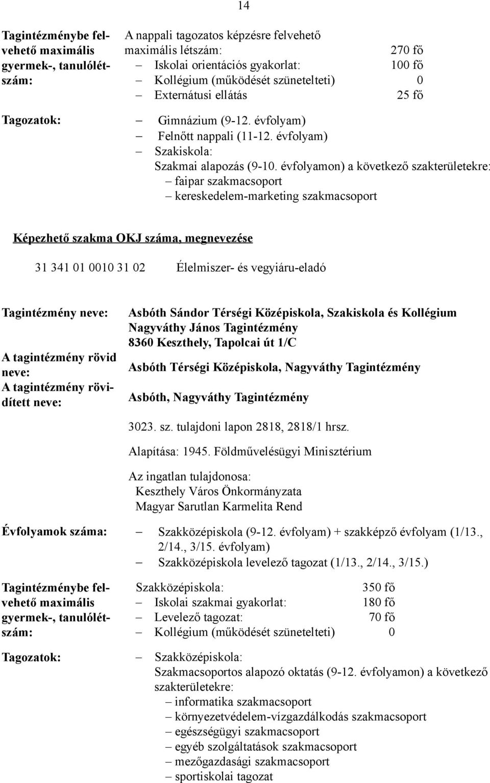 évfolyamon) a következő szakterületekre: faipar szakmacsoport kereskedelem-marketing szakmacsoport Képezhető szakma OKJ száma, megnevezése 31 341 01 0010 31 02 Élelmiszer- és vegyiáru-eladó