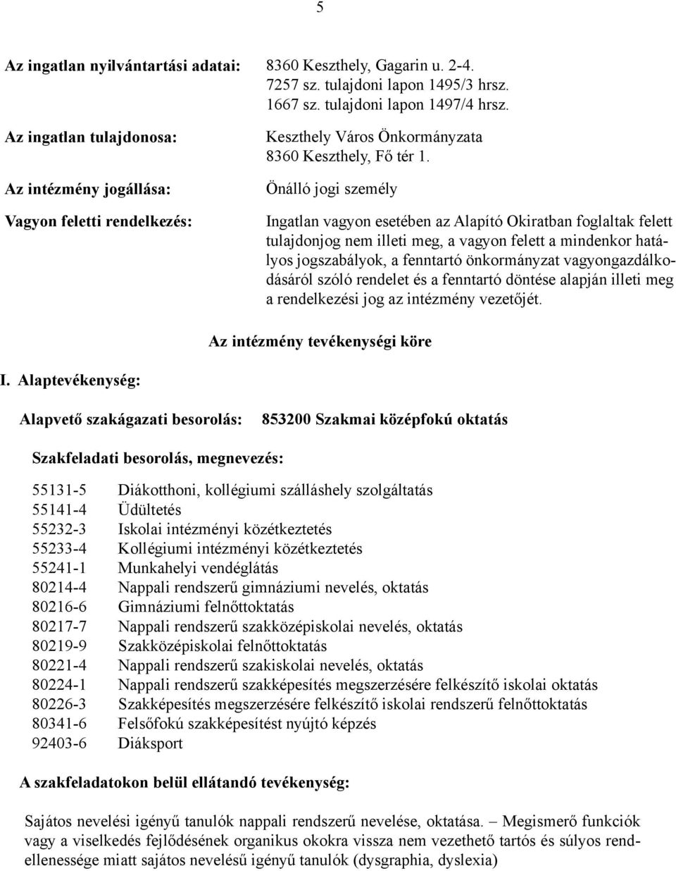 Önálló jogi személy Ingatlan vagyon esetében az Alapító Okiratban foglaltak felett tulajdonjog nem illeti meg, a vagyon felett a mindenkor hatályos jogszabályok, a fenntartó önkormányzat