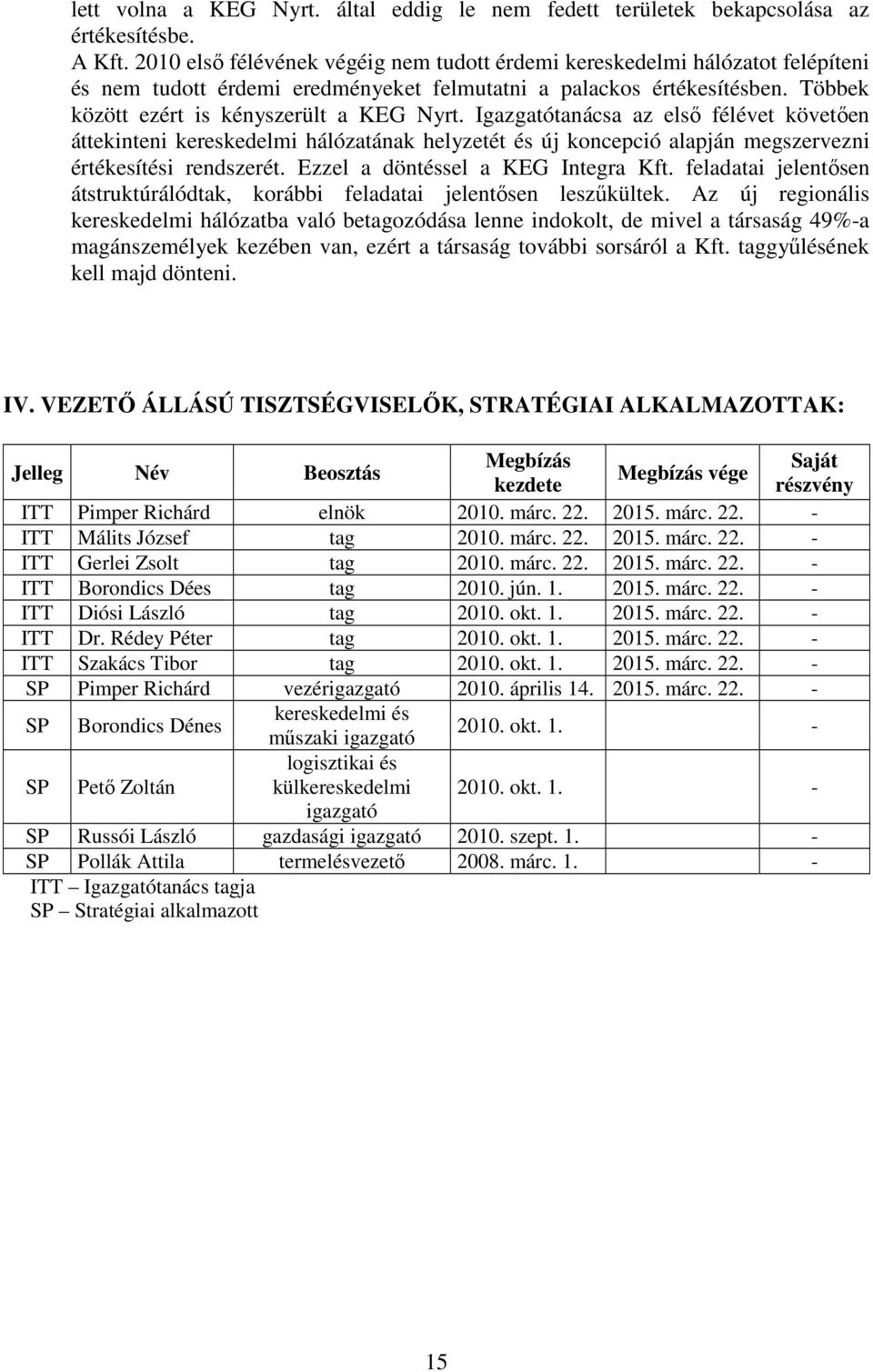 Igazgatótanácsa az elsı félévet követıen áttekinteni kereskedelmi hálózatának helyzetét és új koncepció alapján megszervezni értékesítési rendszerét. Ezzel a döntéssel a KEG Integra Kft.