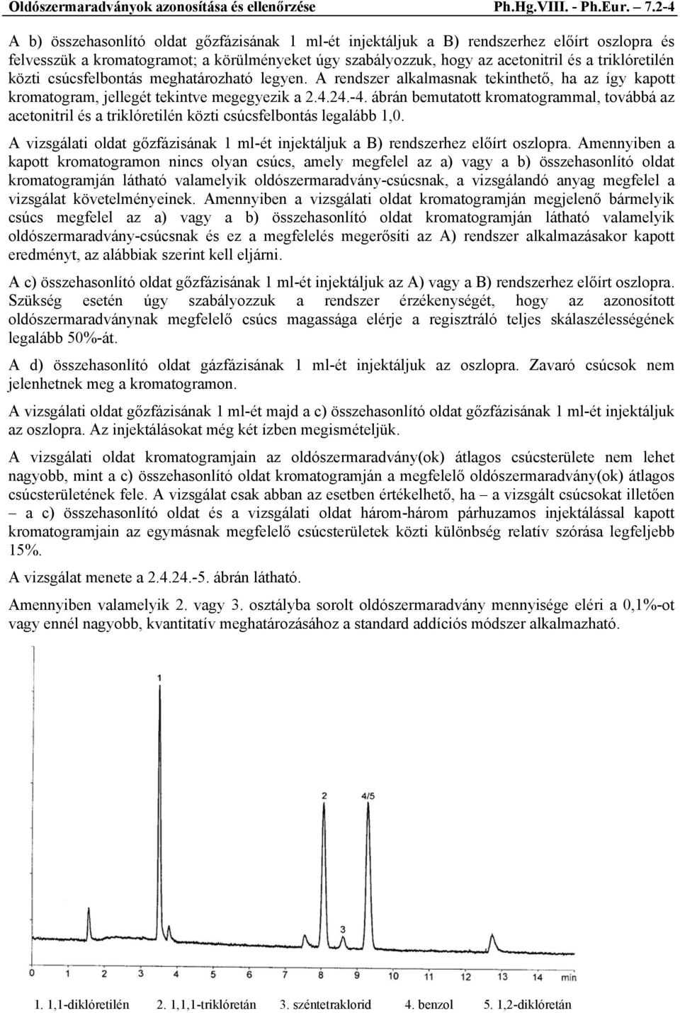 közti csúcsfelbontás meghatározható legyen. A rendszer alkalmasnak tekinthető, ha az így kapott kromatogram, jellegét tekintve megegyezik a 2.4.24.-4.