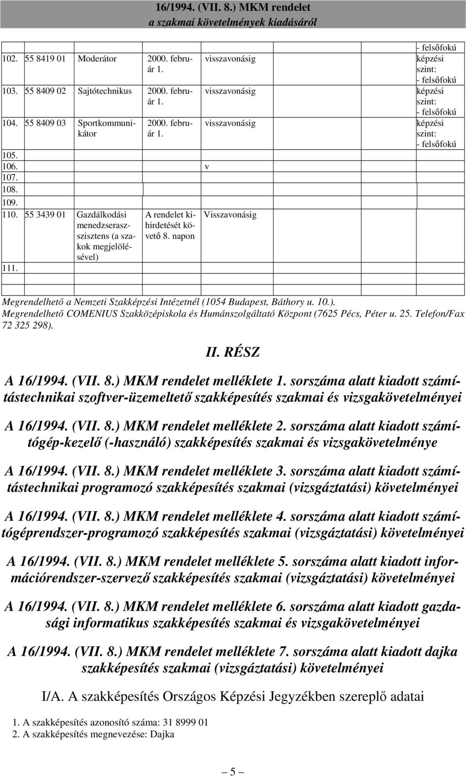 napon visszavonásig visszavonásig visszavonásig Visszavonásig - felsıfokú képzési szint: - felsıfokú képzési szint: - felsıfokú képzési szint: - felsıfokú Megrendelhetı a Nemzeti Szakképzési