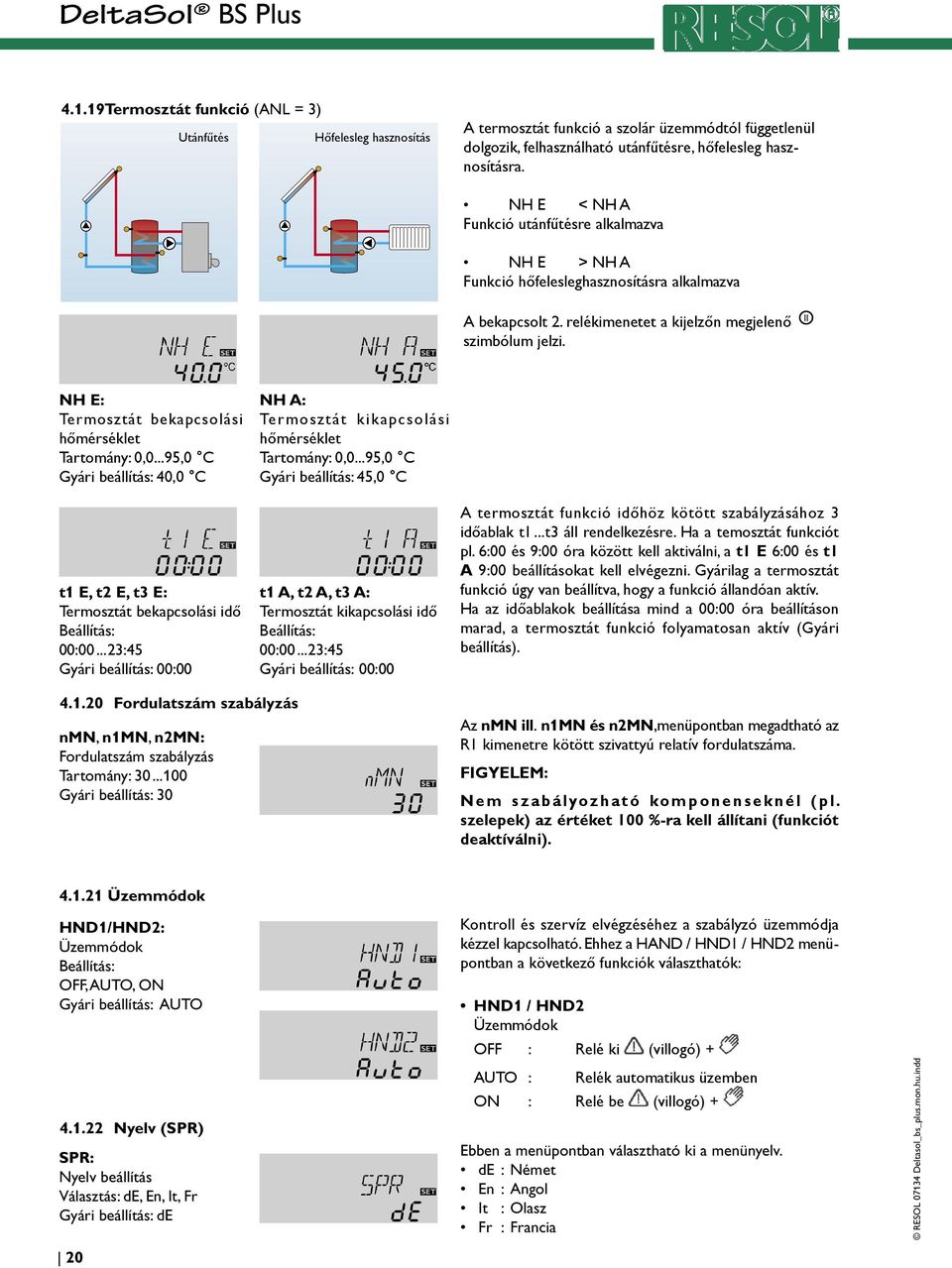 NH E: Termosztát bekapcsolási hőmérséklet Tartomány: 0,0...95,0 C Gyári beállítás: 40,0 C t1 E, t2 E, t3 E: Termosztát bekapcsolási idő Beállítás: 00:00.