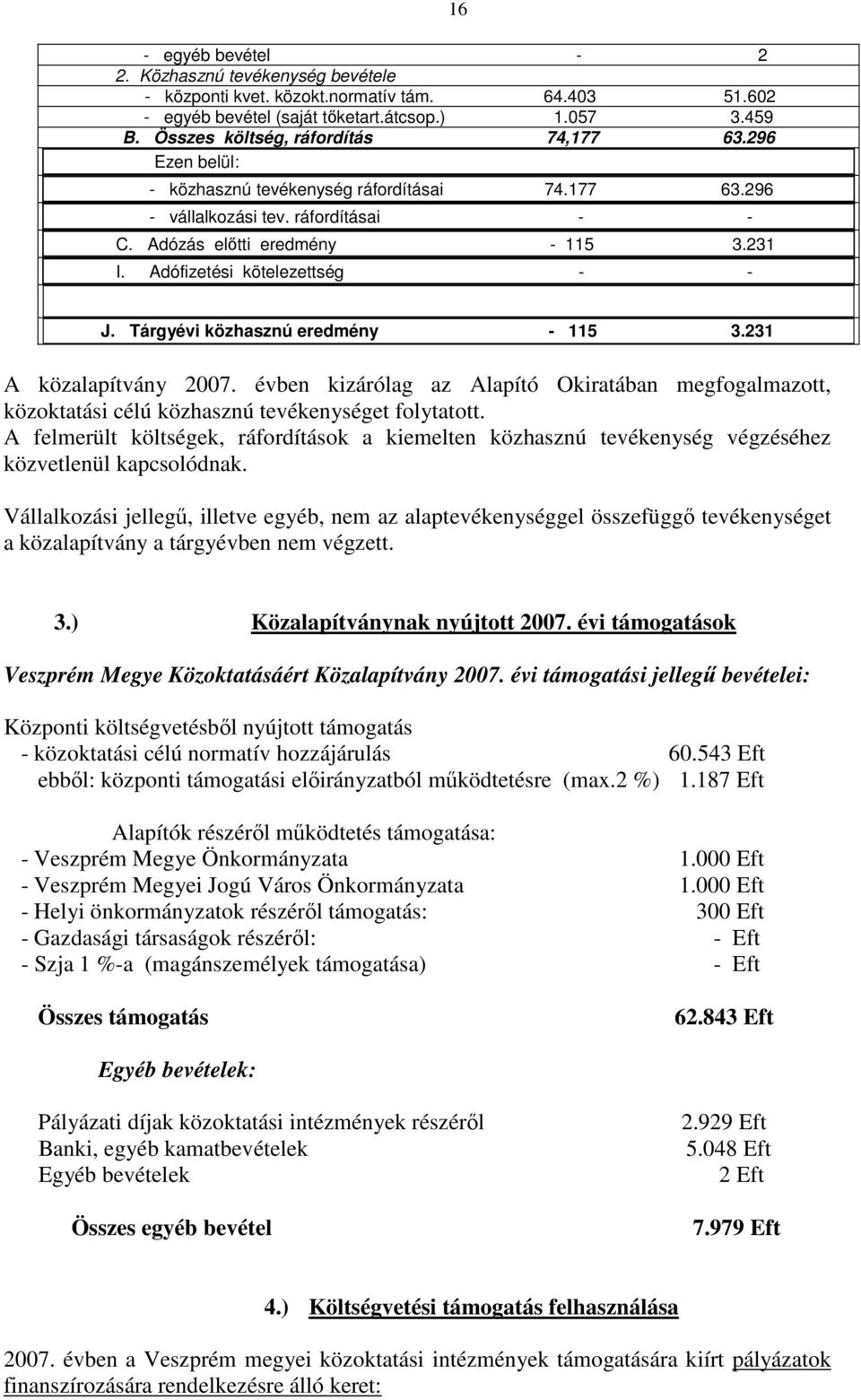 Adófizetési kötelezettség - - J. Tárgyévi közhasznú eredmény - 115 3.231 A közalapítvány 2007.