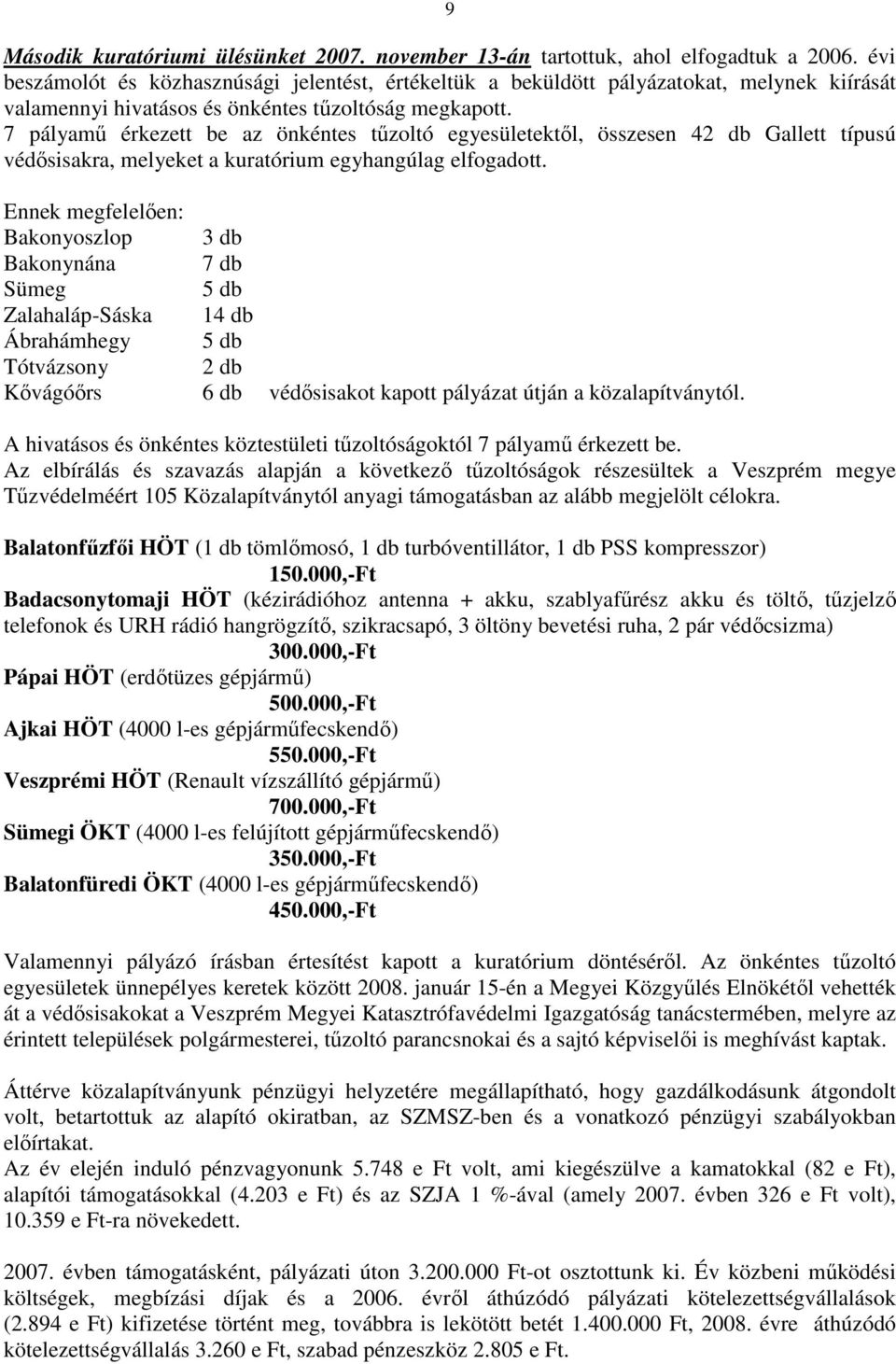 7 pályamű érkezett be az önkéntes tűzoltó egyesületektől, összesen 42 db Gallett típusú védősisakra, melyeket a kuratórium egyhangúlag elfogadott.