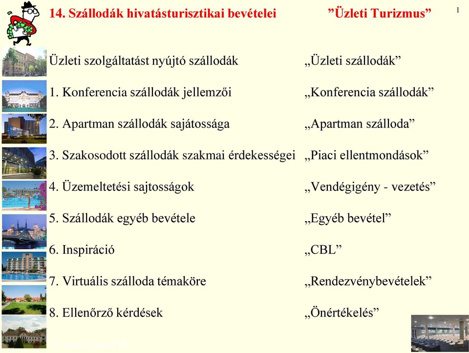 Szakosodott szállodák szakmai érdekességei Piaci ellentmondások 4. Üzemeltetési sajtosságok Vendégigény - vezetés 5.