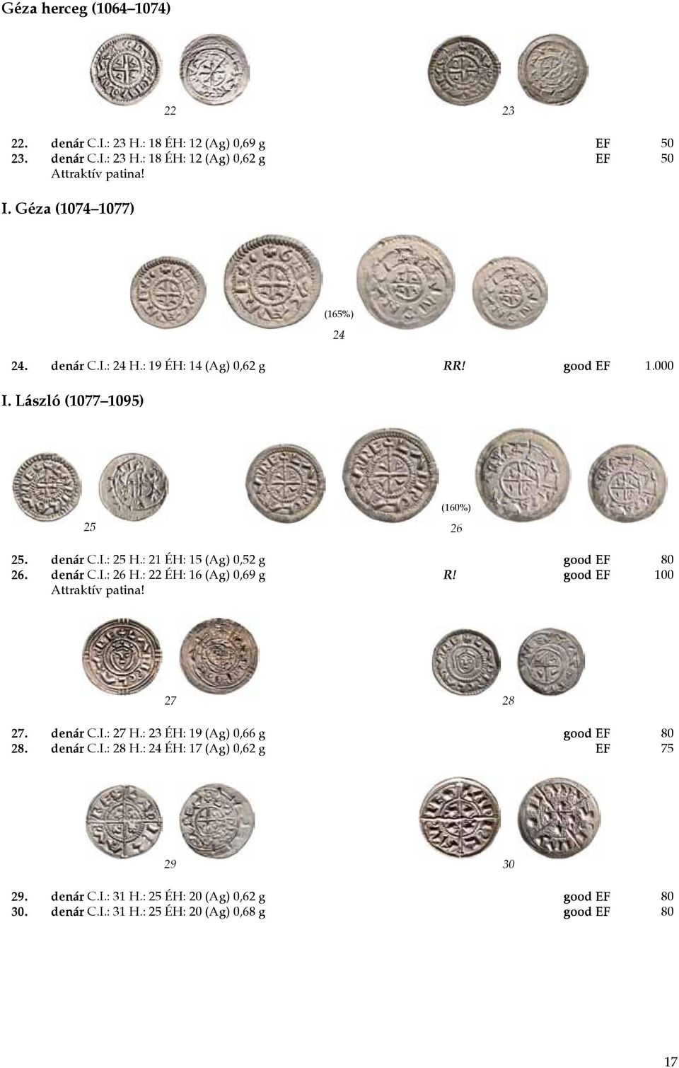 : 21 ÉH: 15 (Ag) 0,52 g good EF 80 26. denár C.I.: 26 H.: 22 ÉH: 16 (Ag) 0,69 g R! good EF 100 Attraktív patina! 27 28 27. denár C.I.: 27 H.