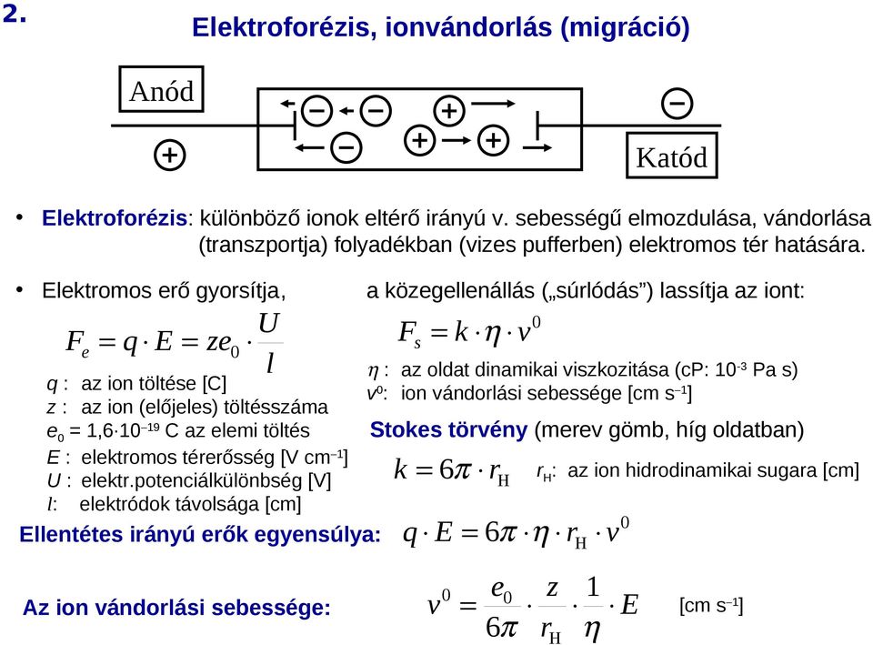 Elektromos erő gyorsítja, U Fe = q E = ze0 l q : az ion töltése [C] z : az ion (előjeles) töltésszáma e0 = 1,6 10 19 C az elemi töltés E : elektromos térerősség [V cm 1] U : elektr.