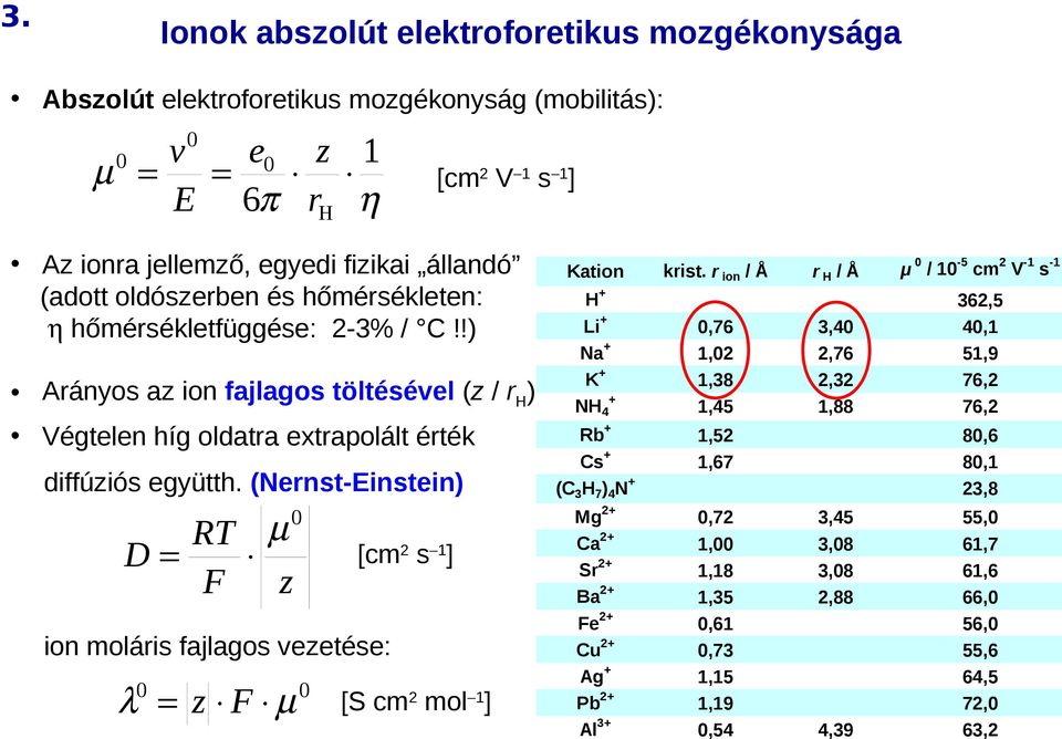 (Nernst-Einstein) RT µ D= F z 0 [cm2 s 1] ion moláris fajlagos vezetése: λ0 = z F µ 0 [S cm2 mol 1] Kation H Li Na K NH4 krist.