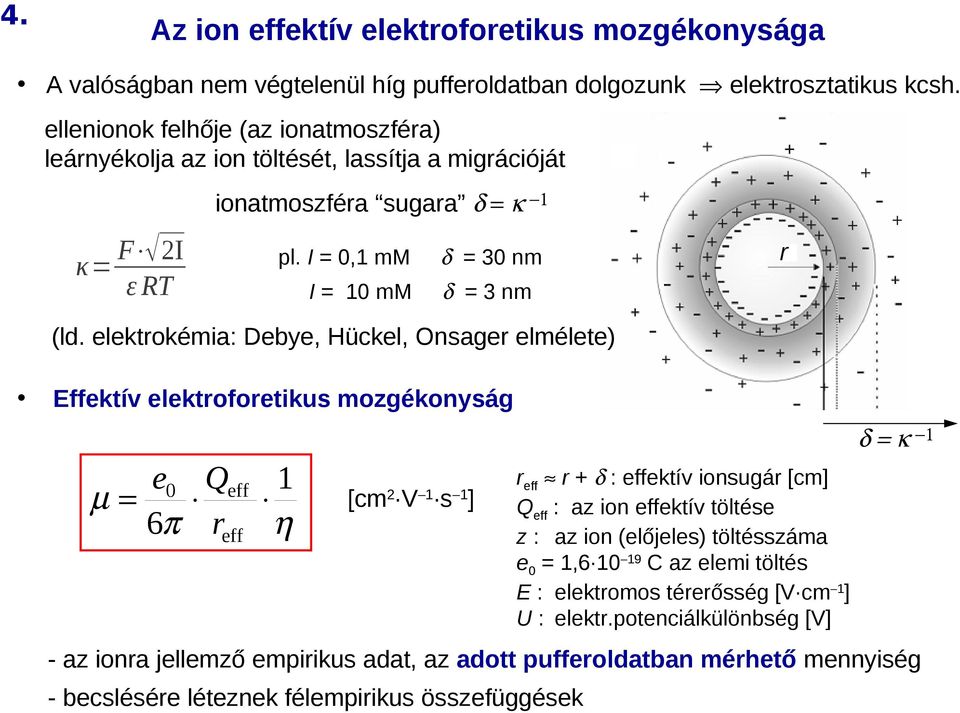 elektrokémia: Debye, Hückel, nsager elmélete) Effektív elektroforetikus mozgékonyság δ = κ 1 e Q 1 µ = 0 eff 6π reff η [cm V s ] 2 1 1 reff r δ : effektív ionsugár [cm] Qeff : az ion effektív