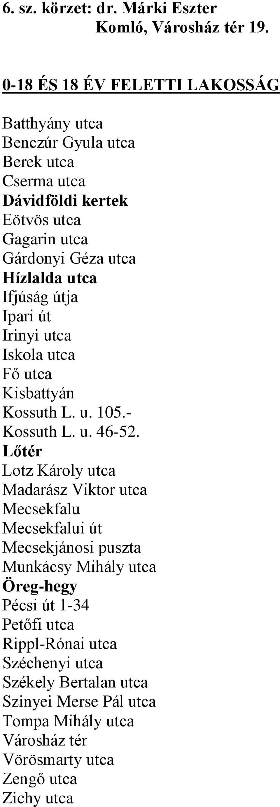 Hízlalda utca Ifjúság útja Ipari út Irinyi utca Iskola utca Fő utca Kisbattyán Kossuth L. u. 105.- Kossuth L. u. 46-52.