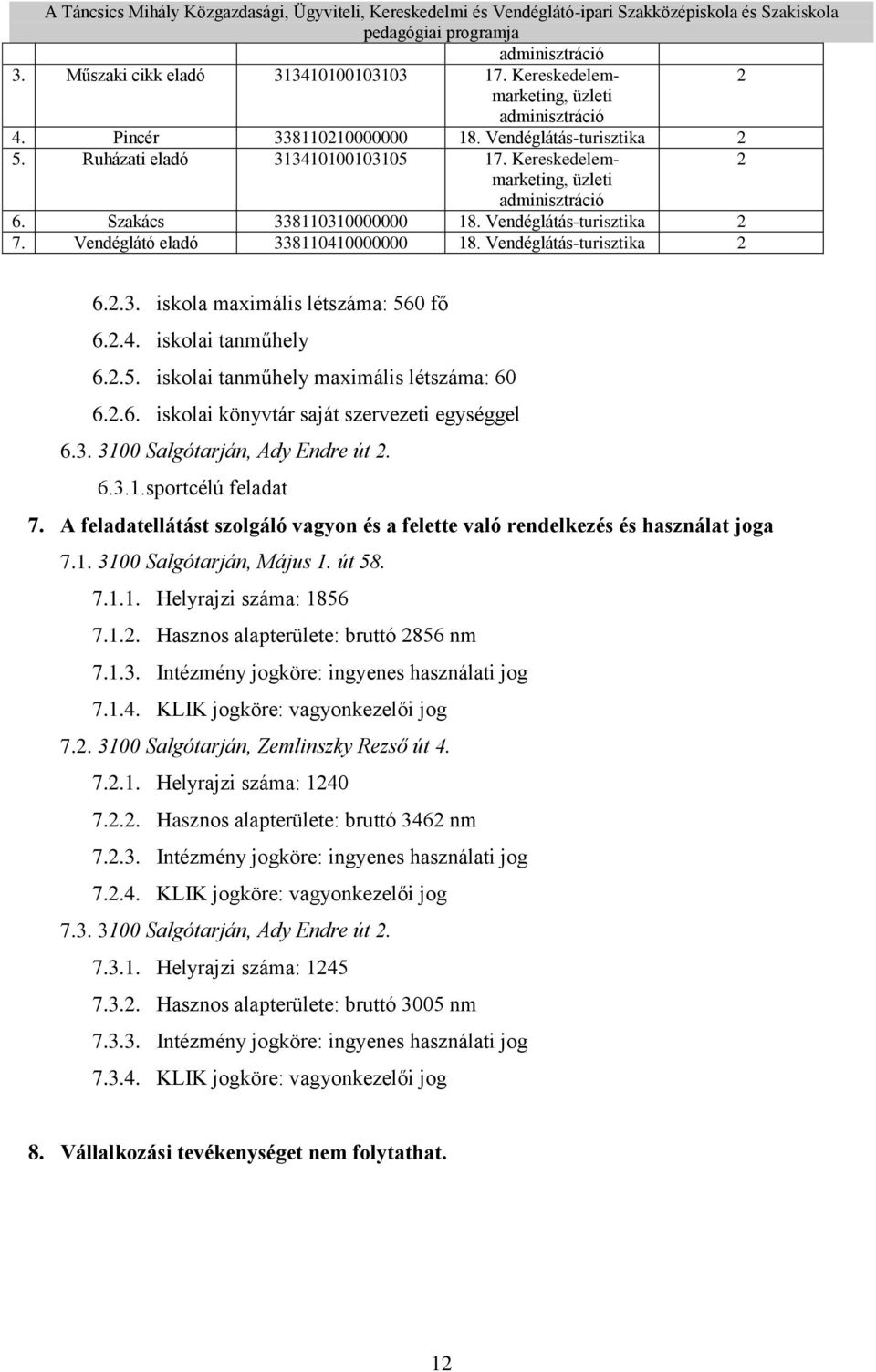 2.4. iskolai tanműhely 6.2.5. iskolai tanműhely maximális létszáma: 60 6.2.6. iskolai könyvtár saját szervezeti egységgel 6.3. 3100 Salgótarján, Ady Endre út 2. 6.3.1.sportcélú feladat 7.