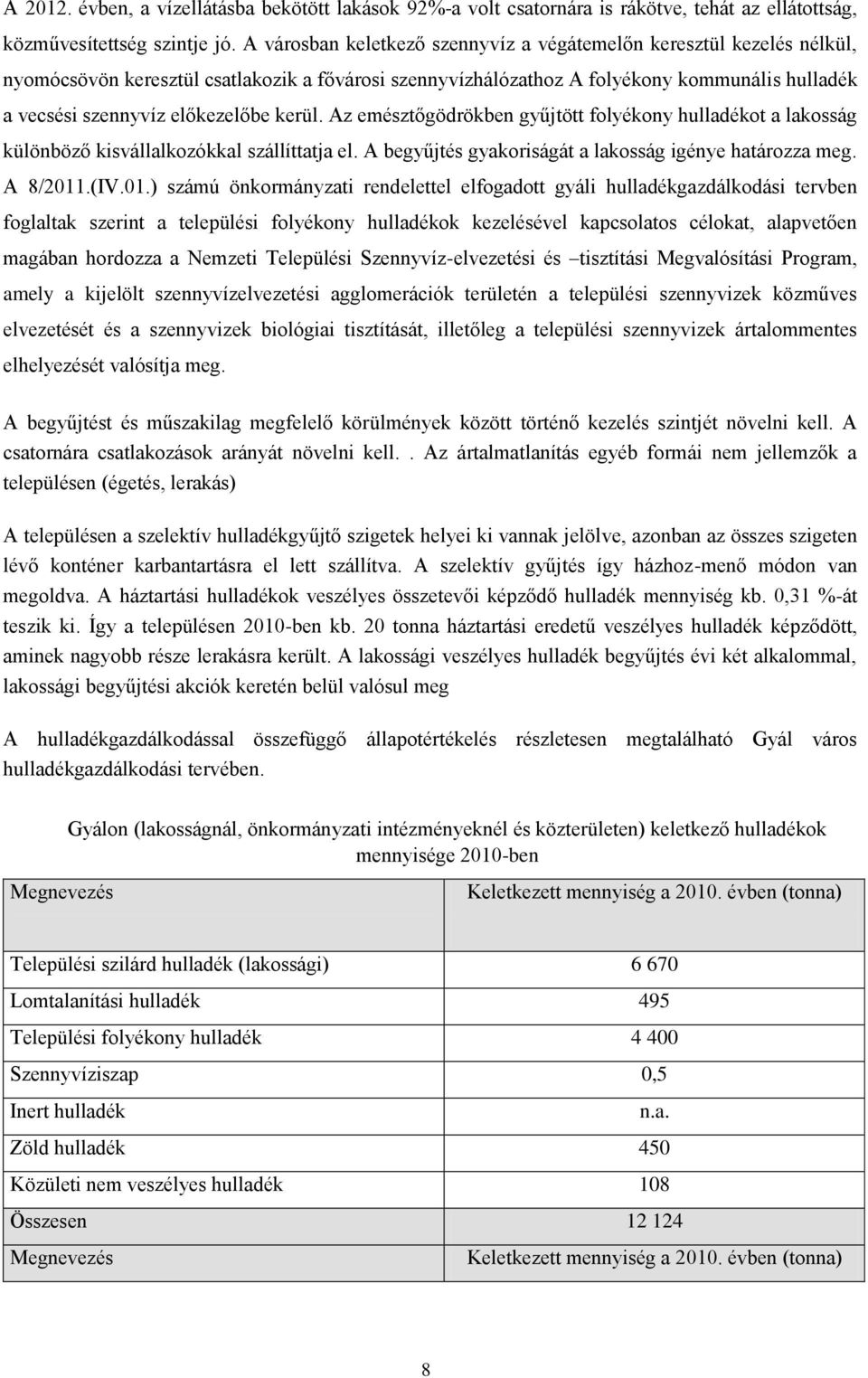 kerül. Az emésztőgödrökben gyűjtött folyékony hulladékot a lakosság különböző kisvállalkozókkal szállíttatja el. A begyűjtés gyakoriságát a lakosság igénye határozza meg. A 8/2011