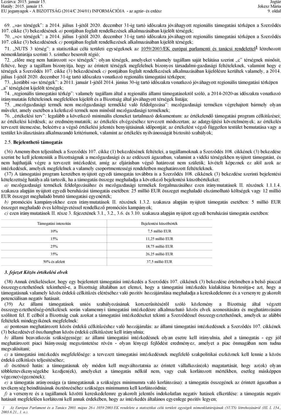 december 31-ig tartó időszakra jóváhagyott regionális támogatási térképen a Szerződés 107. cikke (3) bekezdésének c) pontjában foglalt rendelkezések alkalmazásában kijelölt térségek; 71.