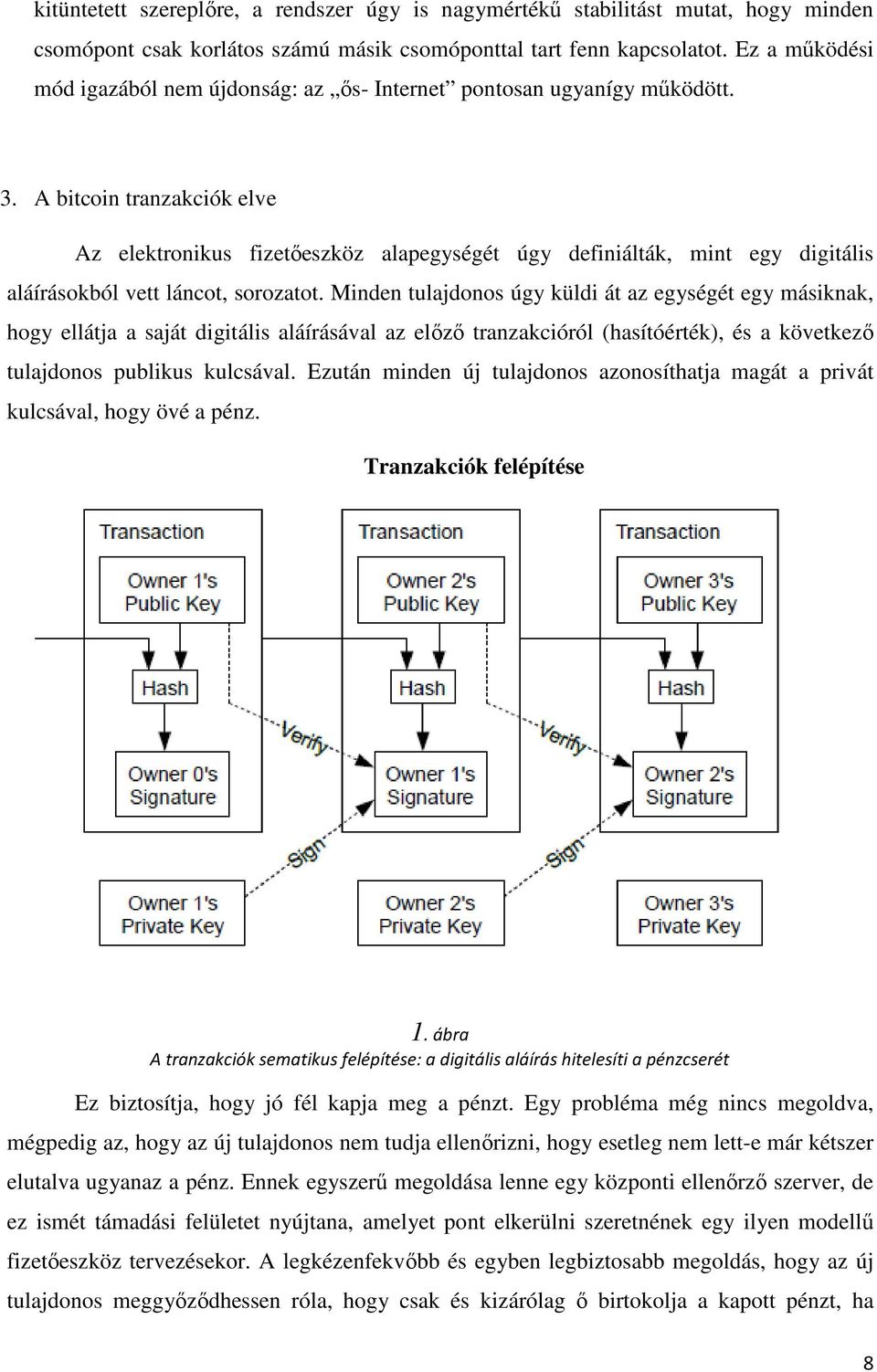 A bitcoin tranzakciók elve Az elektronikus fizetőeszköz alapegységét úgy definiálták, mint egy digitális aláírásokból vett láncot, sorozatot.