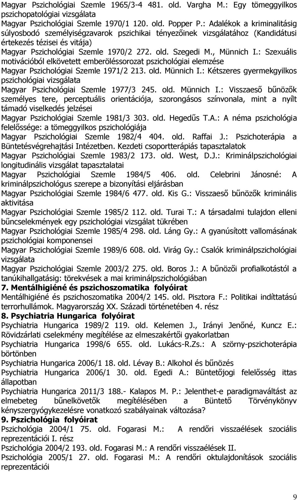 , Münnich I.: Szexuális motivációból elkövetett emberöléssorozat pszichológiai elemzése Magyar Pszichológiai Szemle 1971/2 213. old. Münnich I.: Kétszeres gyermekgyilkos pszichológiai vizsgálata Magyar Pszichológiai Szemle 1977/3 245.