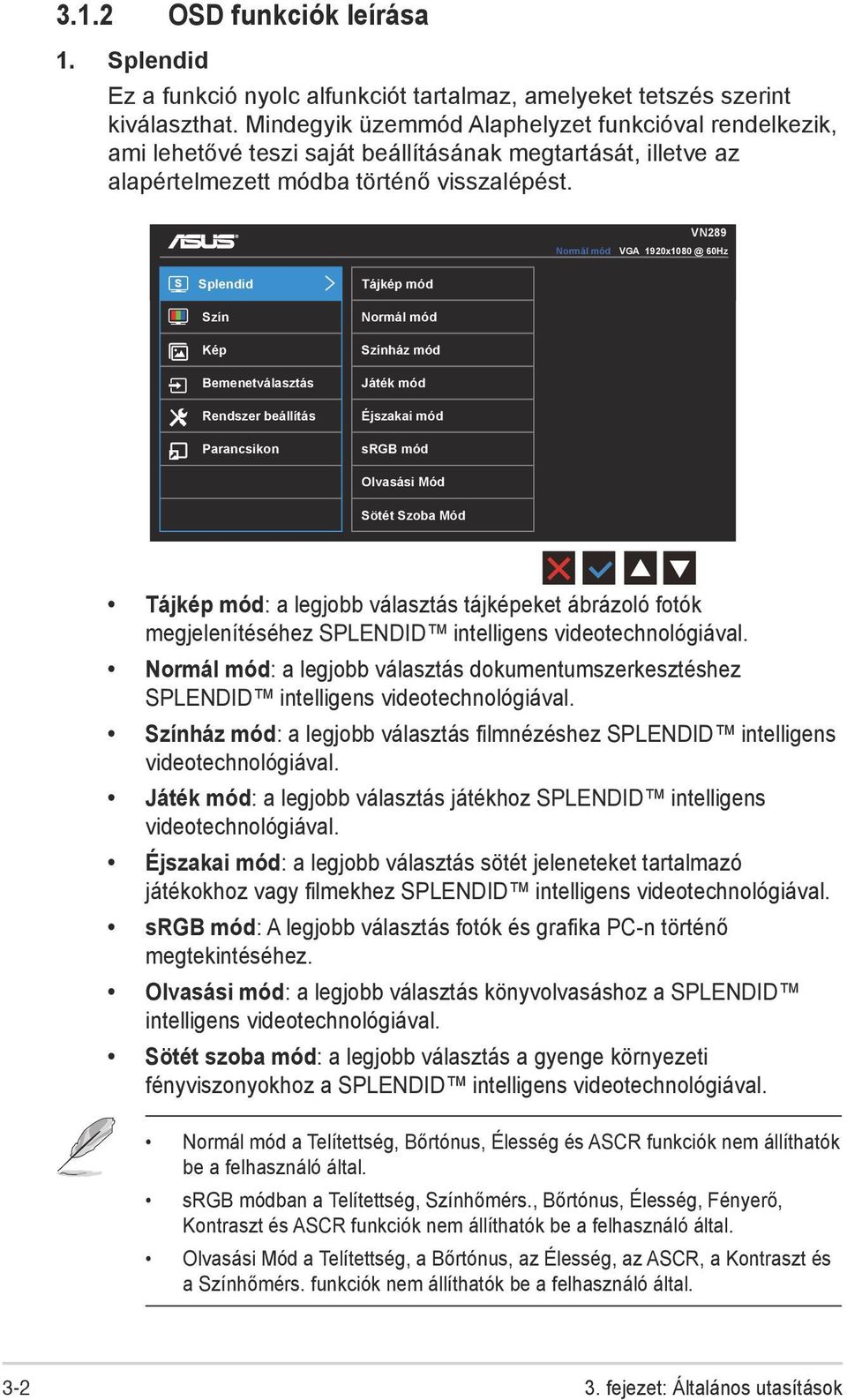 VN289 Normál mód VGA 1920x1080 @ 60Hz Splendid Tájkép mód Szín Normál mód Kép Színház mód Bemenetválasztás Játék mód Rendszer beállítás Éjszakai mód Parancsikon srgb mód Olvasási Mód Sötét Szoba Mód