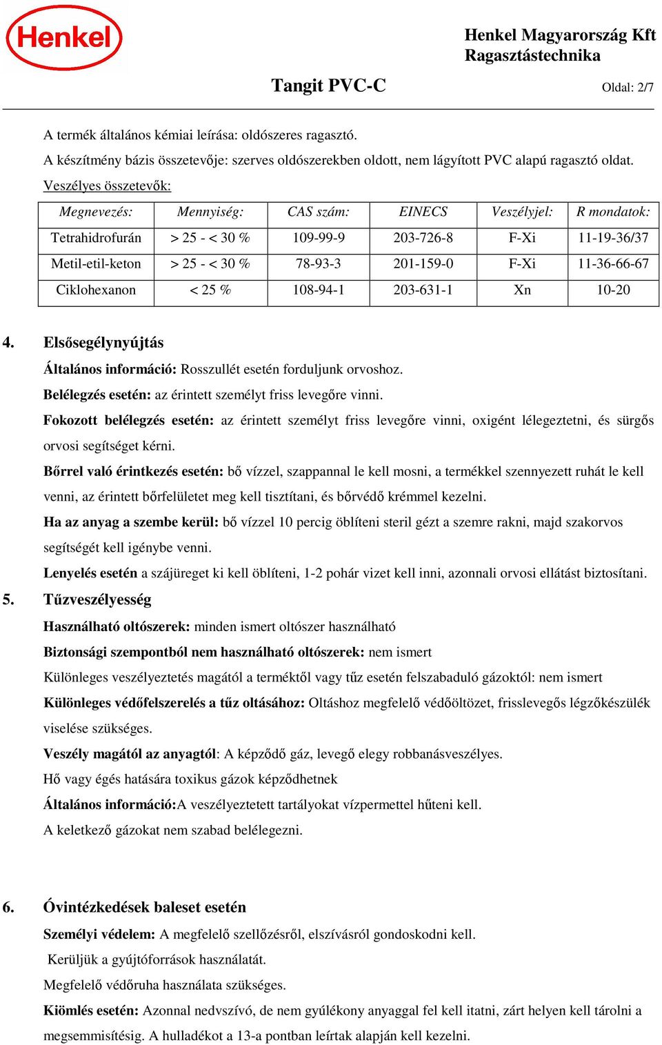 201-159-0 F-Xi 11-36-66-67 Ciklohexanon < 25 % 108-94-1 203-631-1 Xn 10-20 4. Elsősegélynyújtás Általános információ: Rosszullét esetén forduljunk orvoshoz.