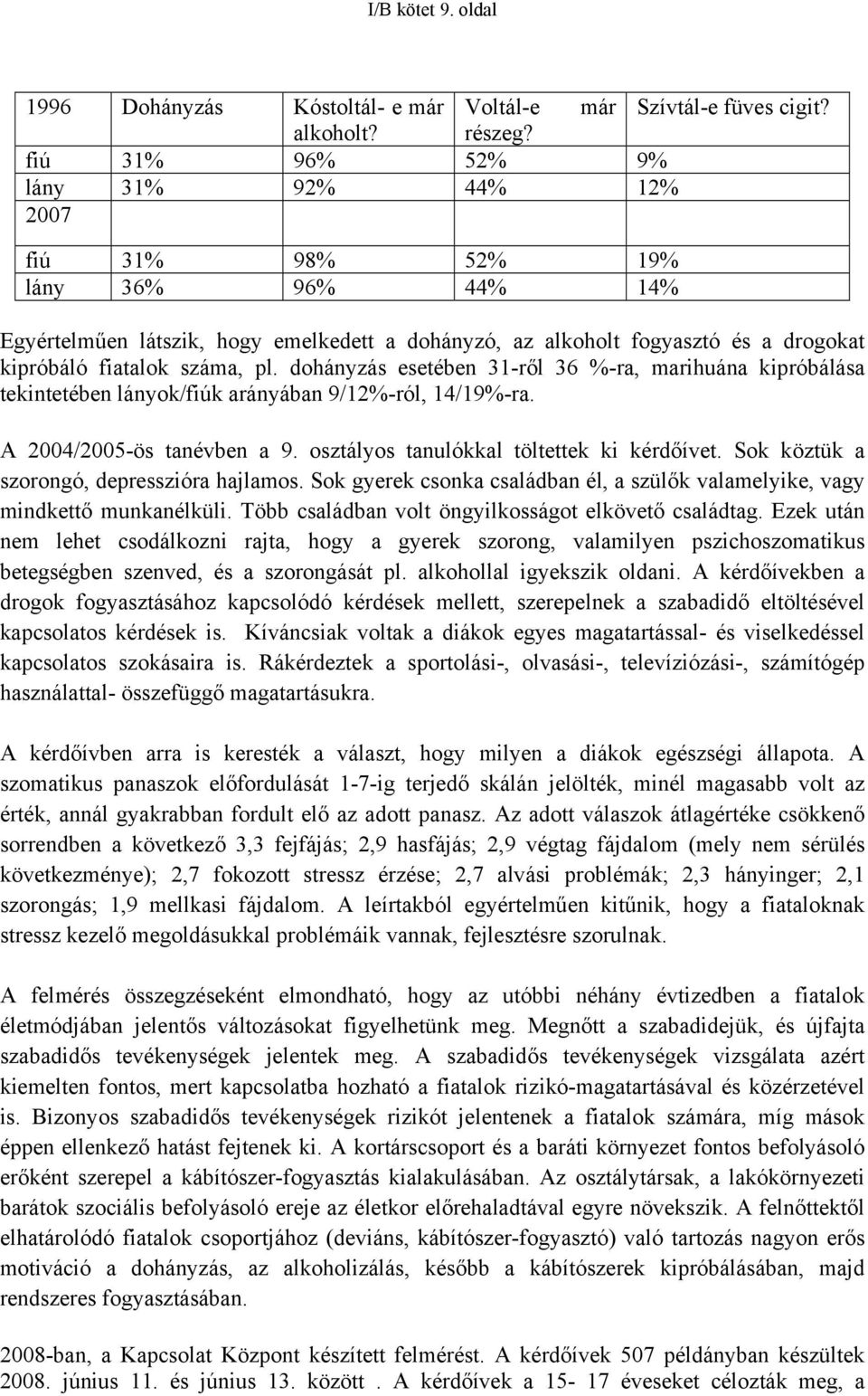 pl. dohányzás esetében 31-ről 36 %-ra, marihuána kipróbálása tekintetében lányok/fiúk arányában 9/12%-ról, 14/19%-ra. A 2004/2005-ös tanévben a 9. osztályos tanulókkal töltettek ki kérdőívet.