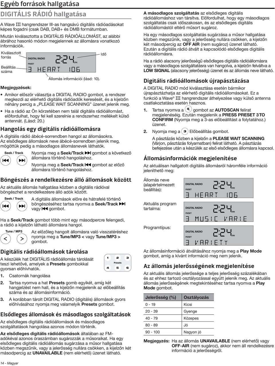 Megjegyzések: Amikor először választja a DIGITAL RADIO gombot, a rendszer megkezdi az elérhető digitális rádióadók keresését, és a kijelzőn néhány percig a PLEASE WAIT SCANNING üzenet jelenik meg.