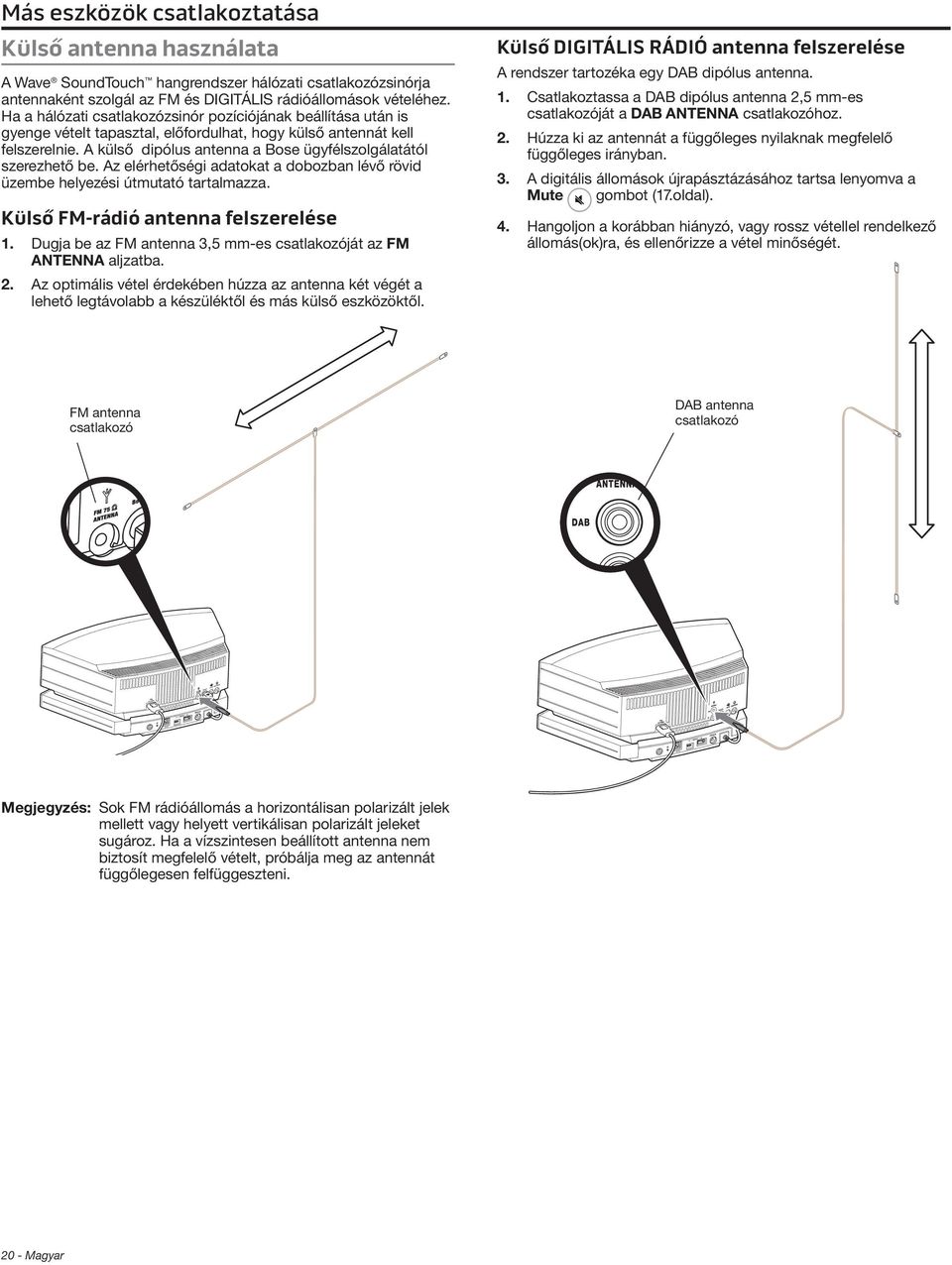 A külső dipólus antenna a Bose ügyfélszolgálatától szerezhető be. Az elérhetőségi adatokat a dobozban lévő rövid üzembe helyezési útmutató tartalmazza. Külső FM-rádió antenna felszerelése 1.