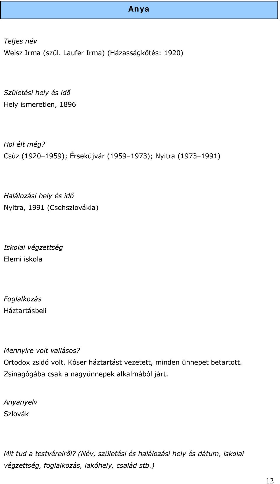 iskola Foglalkozás Háztartásbeli Mennyire volt vallásos? Ortodox zsidó volt. Kóser háztartást vezetett, minden ünnepet betartott.