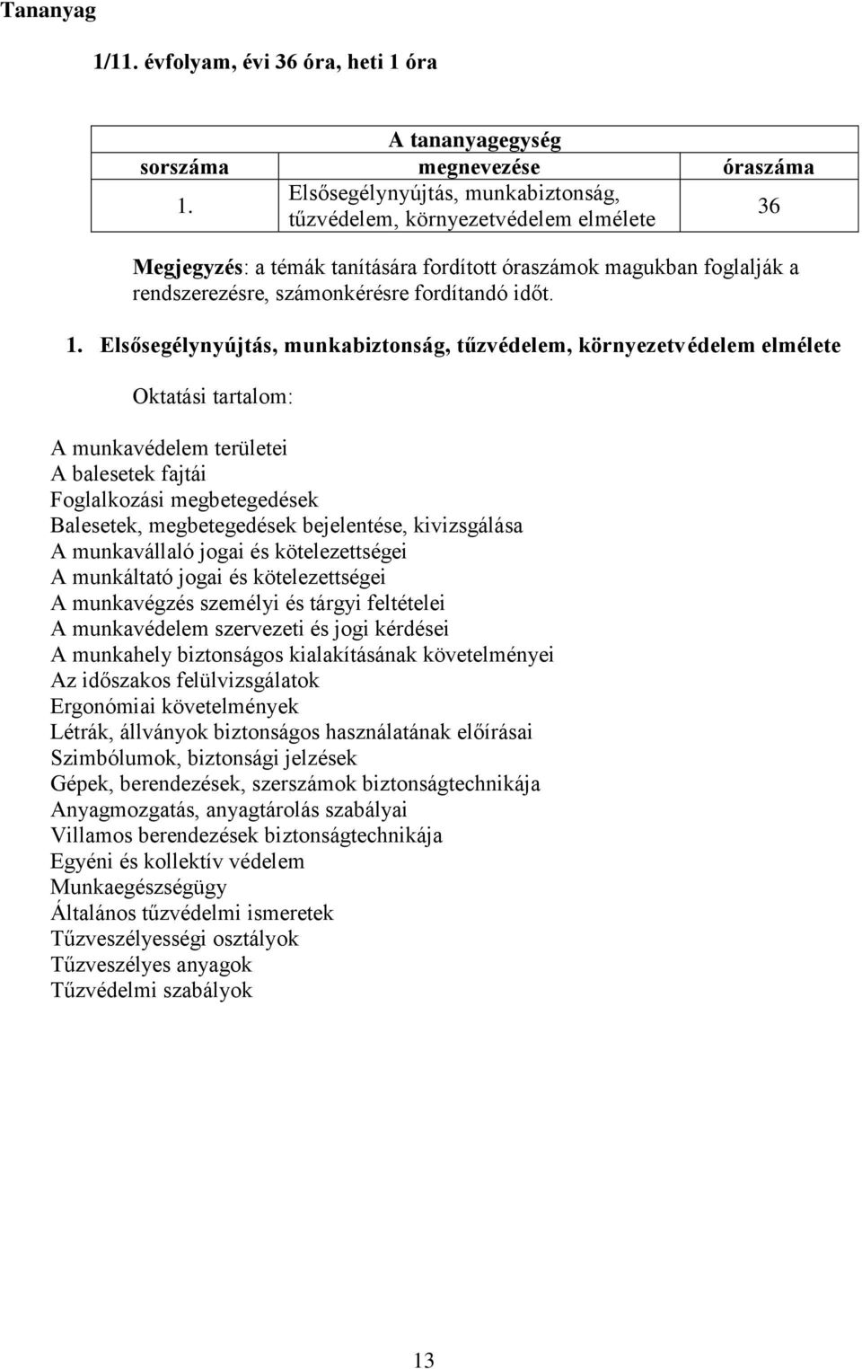 Elsősegélynyújtás, munkabiztonság, tűzvédelem, környezetvédelem elmélete Oktatási tartalom: A munkavédelem területei A balesetek fajtái Foglalkozási megbetegedések Balesetek, megbetegedések