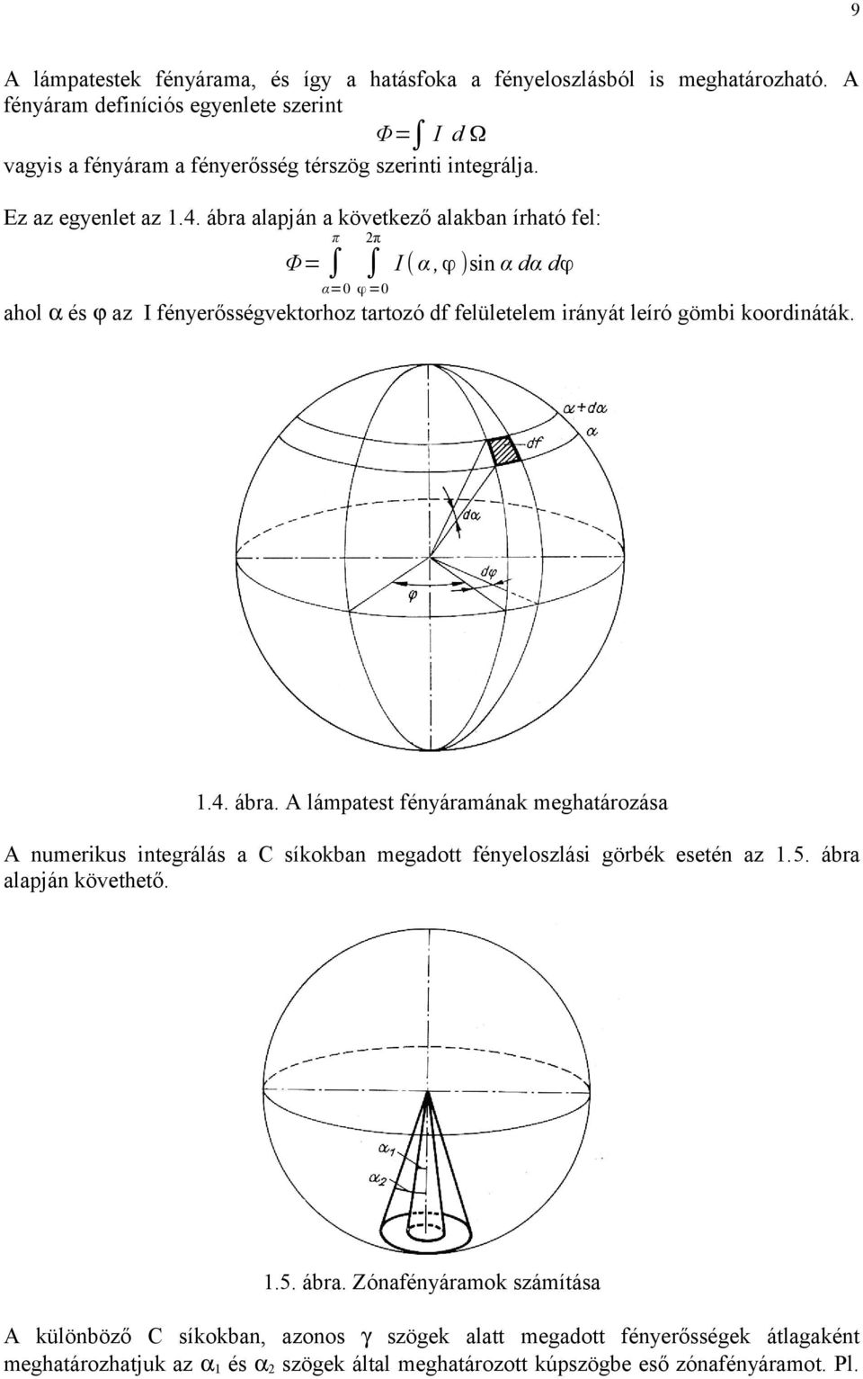 ábra alapján a következő alakban írható fel: π 2π Φ= I ( α,ϕ )sin α dα dϕ α=0 ϕ =0 ahol α és ϕ az I fényerősségvektorhoz tartozó df felületelem irányát leíró gömbi koordináták. 1.4. ábra.