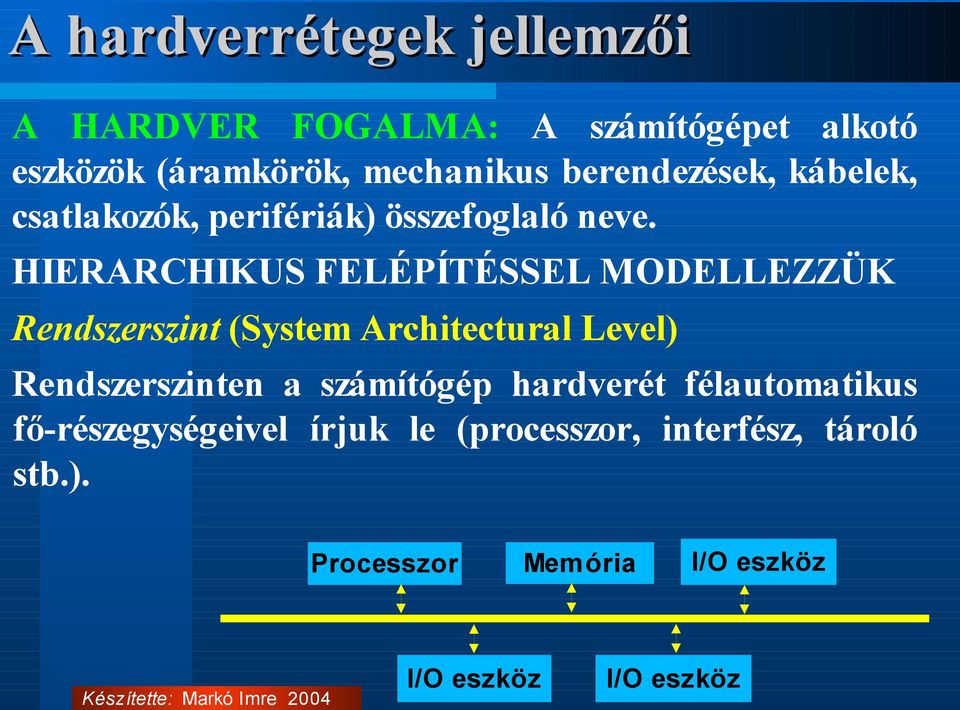 HIERARCHIKUS FELÉPÍTÉSSEL MODELLEZZÜK Rendszerszint (System Architectural Level) Rendszerszinten a számítógép