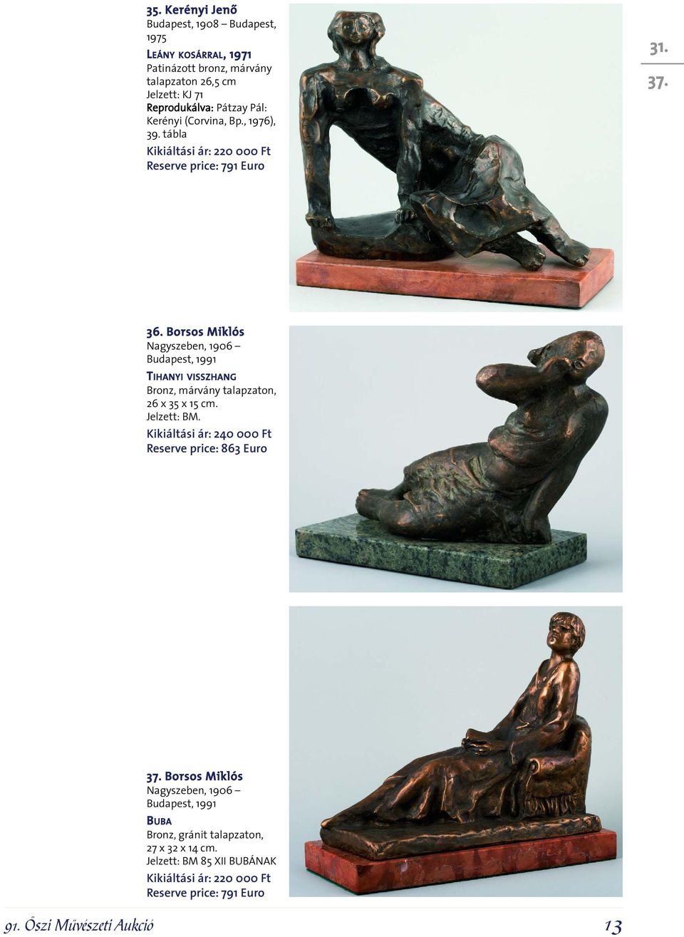 Borsos Miklós Nagyszeben, 1906 Budapest, 1991 TIHANYI VISSZHANG Bronz, márvány talapzaton, 26 x 35 x 15 cm. Jelzett: BM.