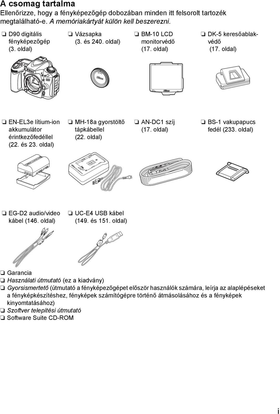 oldal) AN-DC1 szíj (17. oldal) BS-1 vakupapucs fedél (233. oldal) EG-D2 audio/video kábel (146. oldal) UC-E4 USB kábel (149. és 151.