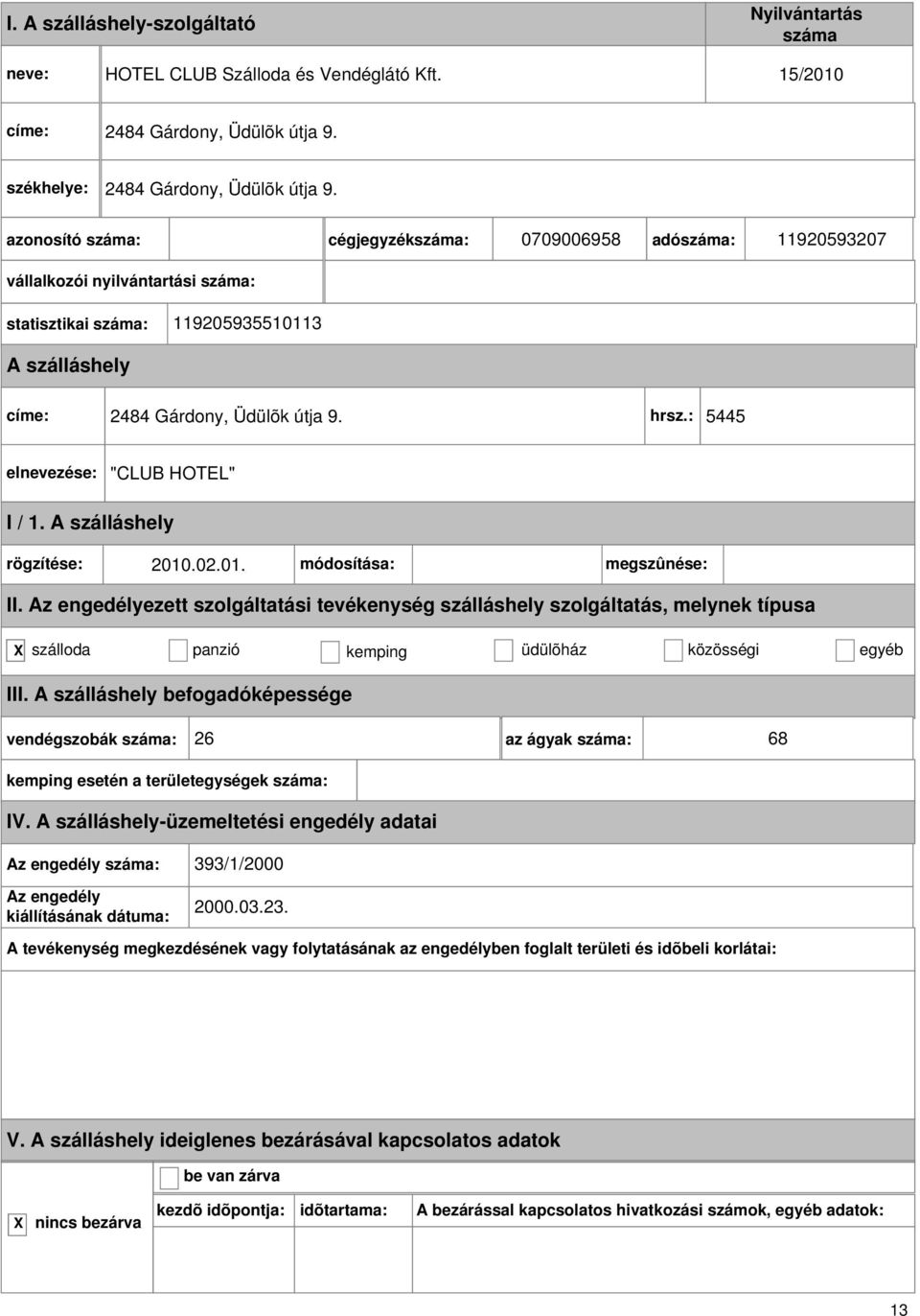 cégjegyzék: 0709006958 adó: 11920593207 vállalkozói nyilvántartási : statisztikai : 119205935510113 címe:  hrsz.