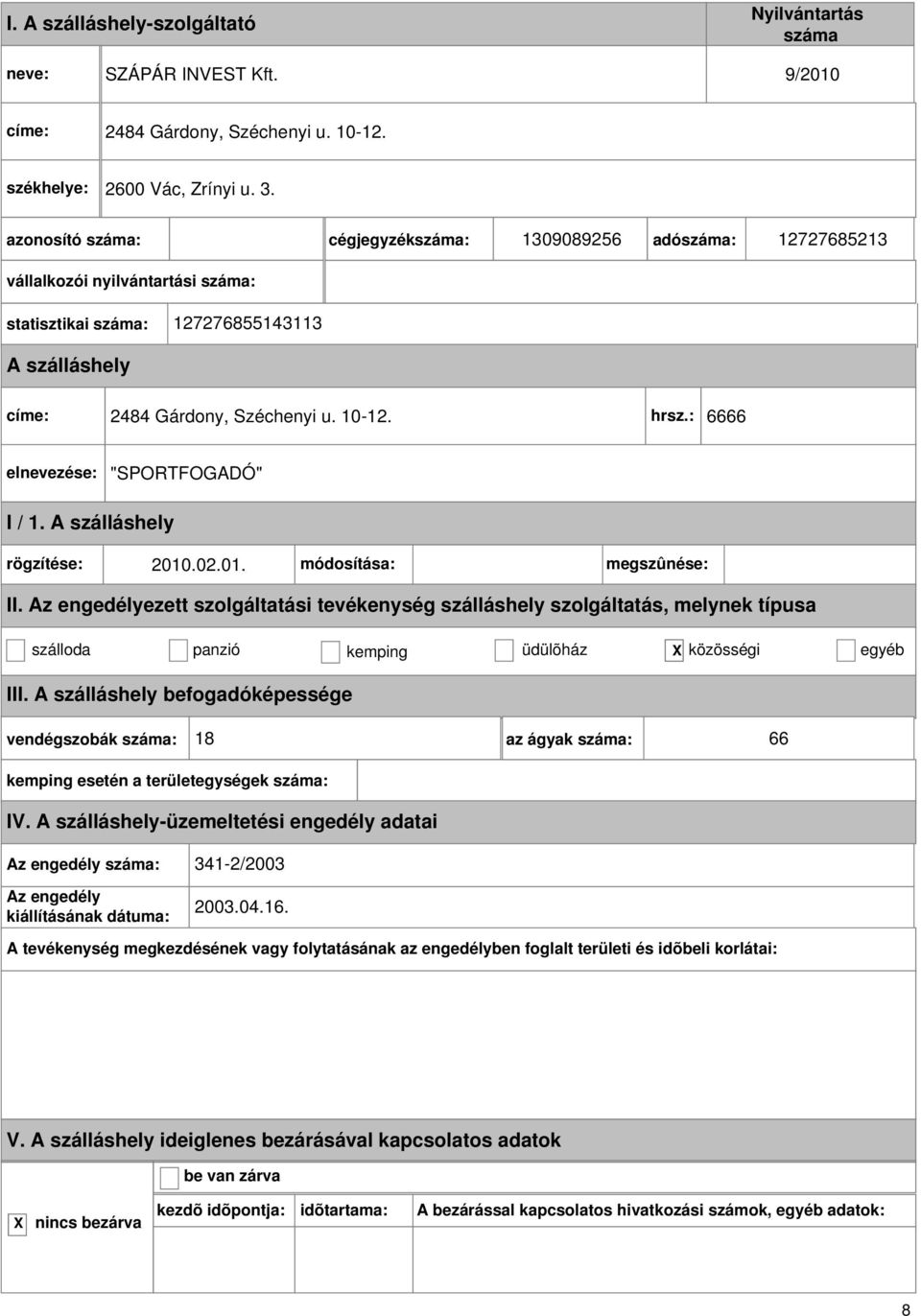 Gárdony, Széchenyi u. 10-12. hrsz.: 6666 "SPORTFOGADÓ" rögzítése: 2010