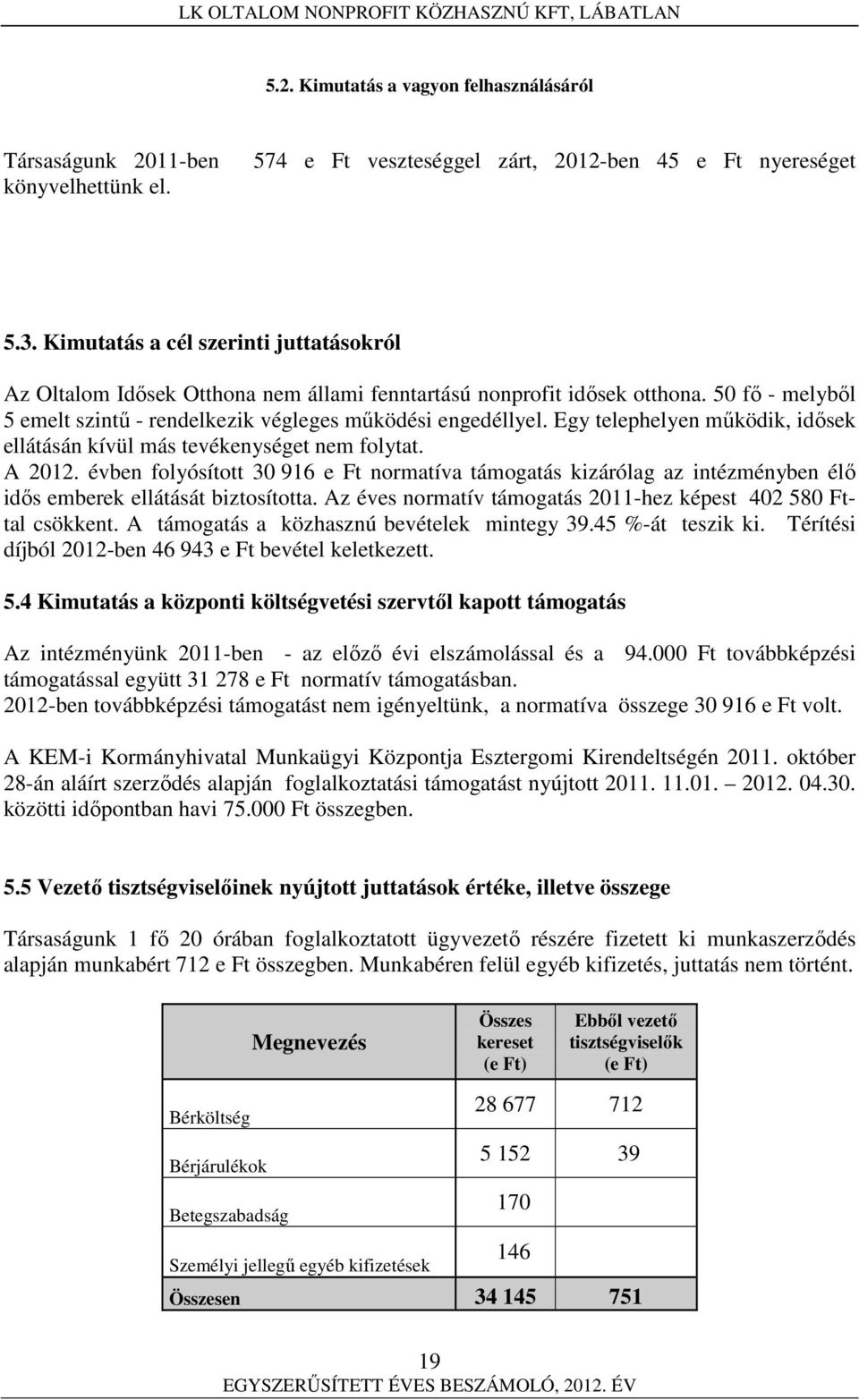 Egy telephelyen működik, idősek ellátásán kívül más tevékenységet nem folytat. A 2012.