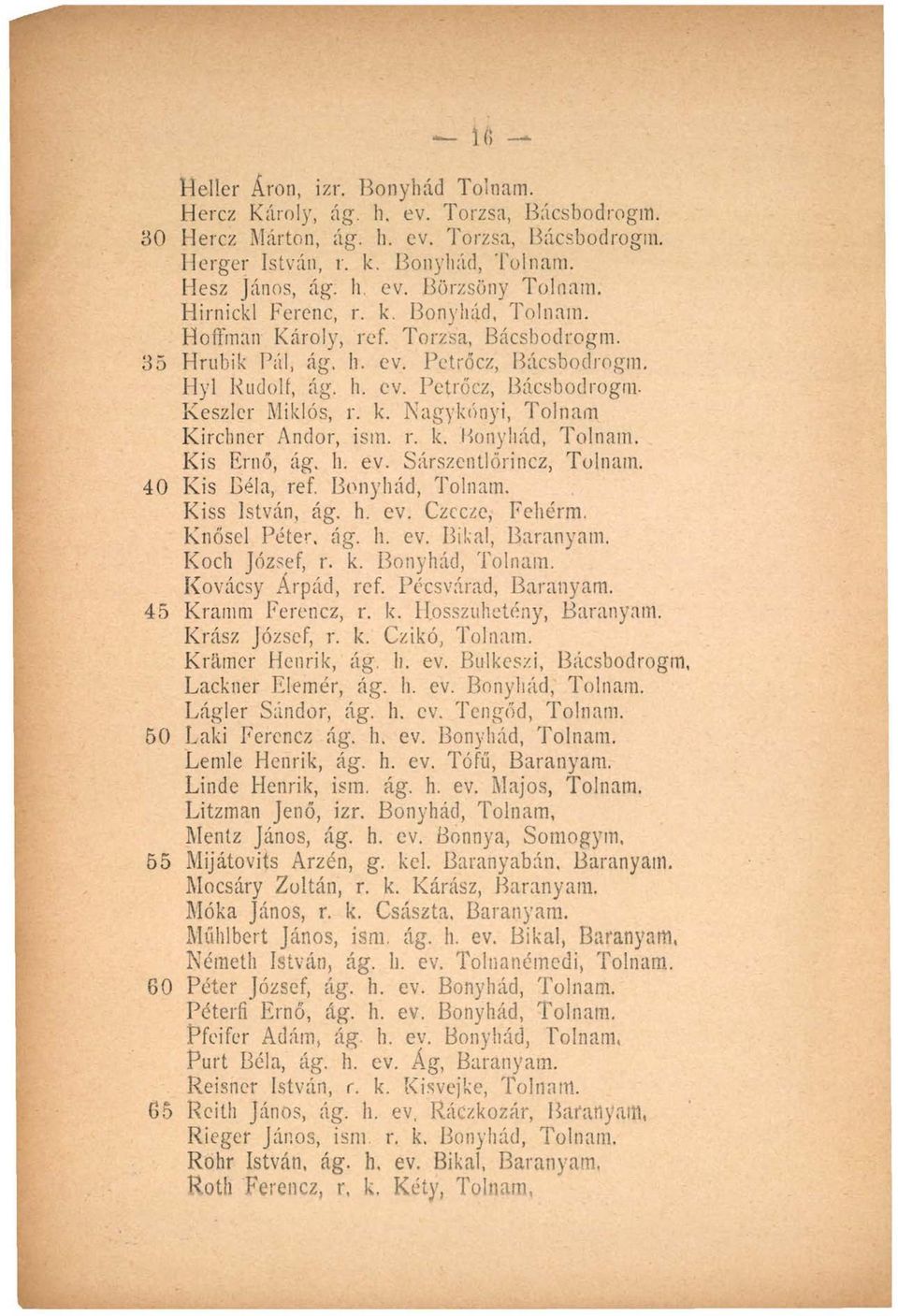 r. k. Konyhád, Tolnáin. Kis Ernő, ág. h. ev. Sárszentlőrincz, Tolnám. 40 Kis Béla, ref. Bonyhád, Tolnám. Kiss István, ág. h. cv. Czccze, Fehérm. Knőscl Pétéi', ág. h. ev. Bikái, Baranyam.