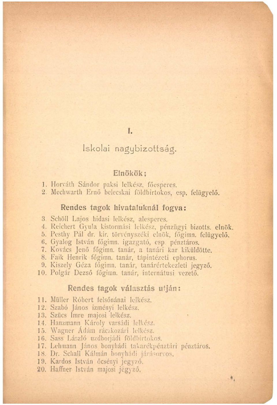 igazgató, csp pénztáros. 7. Kovács Jenő főgimn. tanár, a tanári kar kiküldötte. 8. Fáik Henrik főgimn. tanár, tápintézeti ephorus. 9. Kiszely Géza főgimn. tanár, tanárértekezleti jegyző. 10.