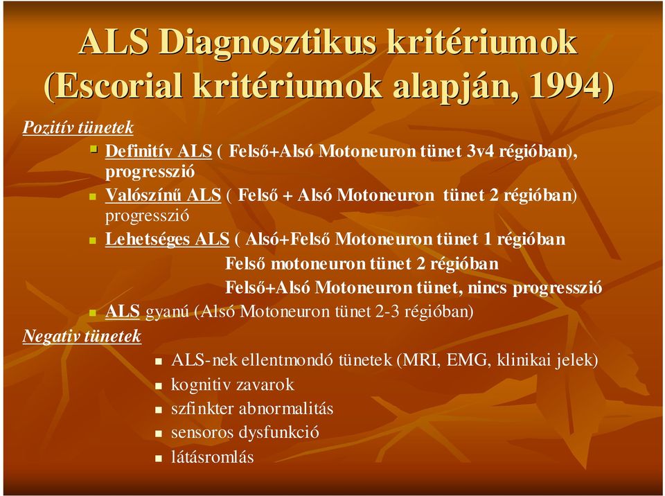 tünet 1 régióban Felsı motoneuron tünet 2 régióban Felsı+Als +Alsó Motoneuron tünet, nincs progresszió ALS gyanú (Alsó Motoneuron tünet 2-3