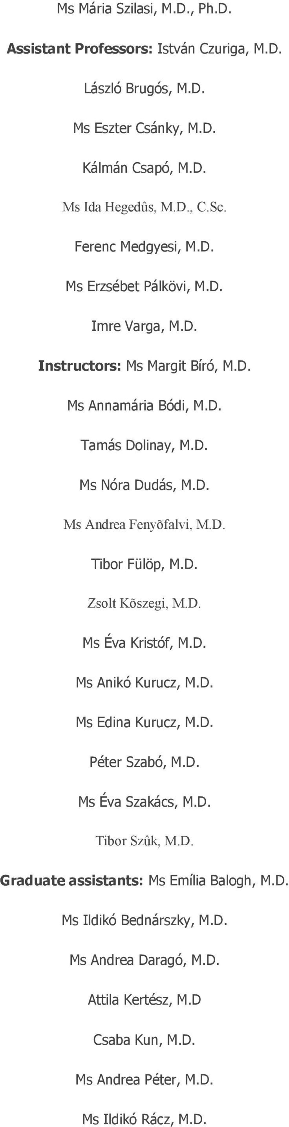 D. Tibor Fülöp, M.D. Zsolt Kõszegi, M.D. Ms Éva Kristóf, M.D. Ms Anikó Kurucz, M.D. Ms Edina Kurucz, M.D. Péter Szabó, M.D. Ms Éva Szakács, M.D. Tibor Szûk, M.D. Graduate assistants: Ms Emília Balogh, M.