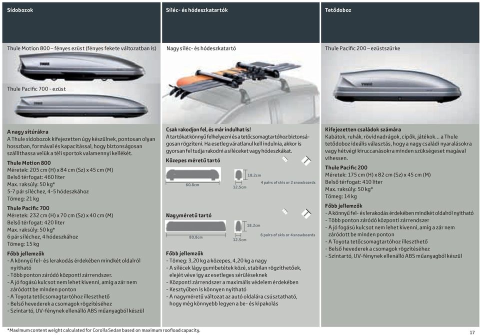 Thule Motion 800 Méretek: 205 cm (H) x 84 cm (Sz) x 45 cm (M) Belső térfogat: 460 liter Max.