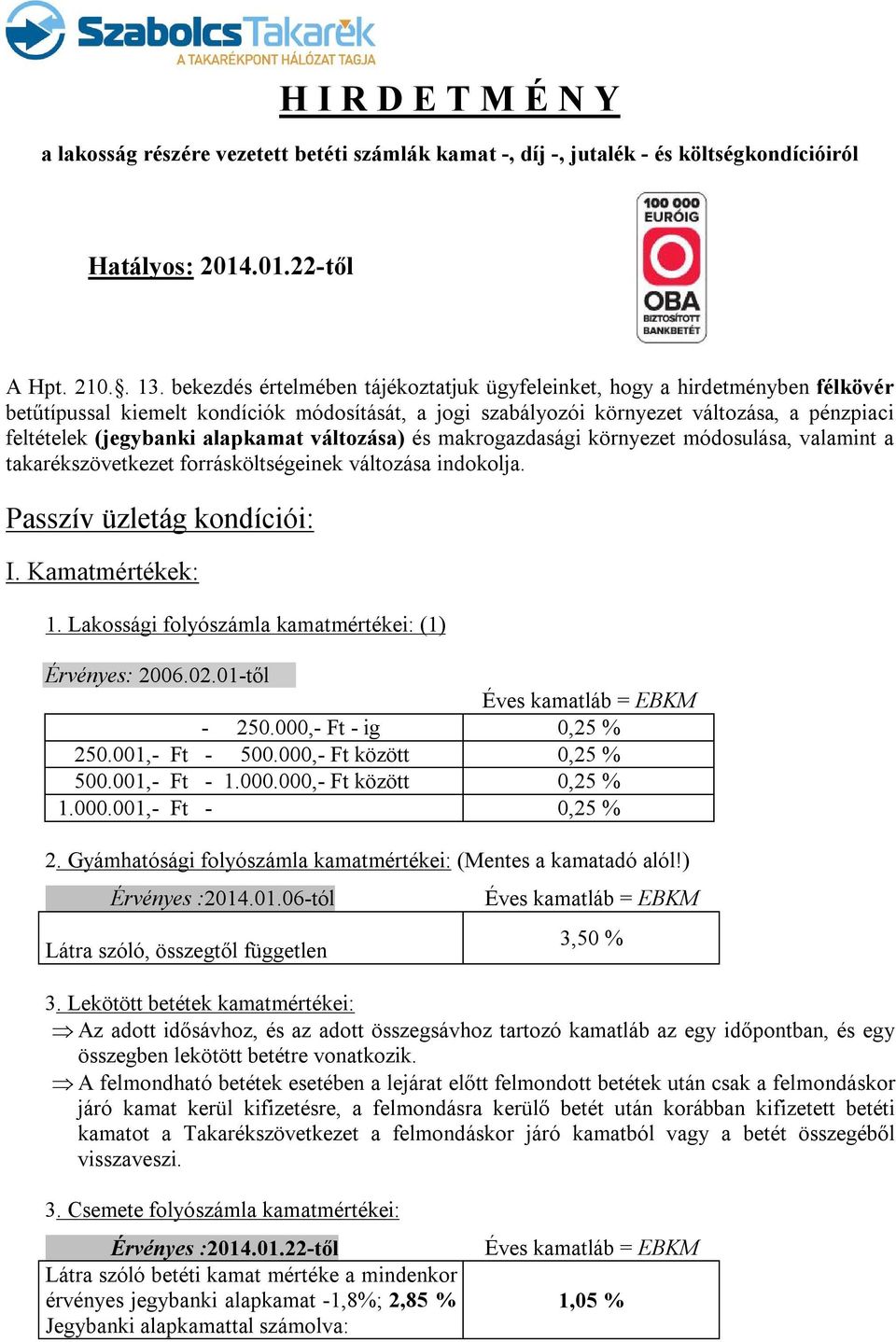 alapkamat változása) és makrogazdasági környezet módosulása, valamint a takarékszövetkezet forrásköltségeinek változása indokolja. Passzív üzletág kondíciói: I. Kamatmértékek: 1.