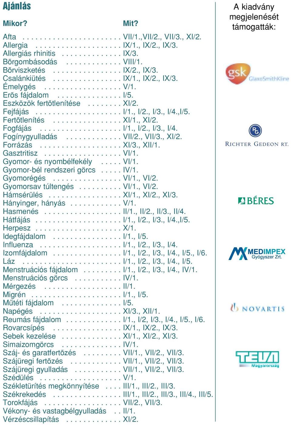 Fejfájás.................... I/1., I/2., I/3., I/4.,I/5. Fertõtlenítés................ XI/1., XI/2. Fogfájás................... I/1., I/2., I/3., I/4. Fogínygyulladás............. VII/2., VII/3.