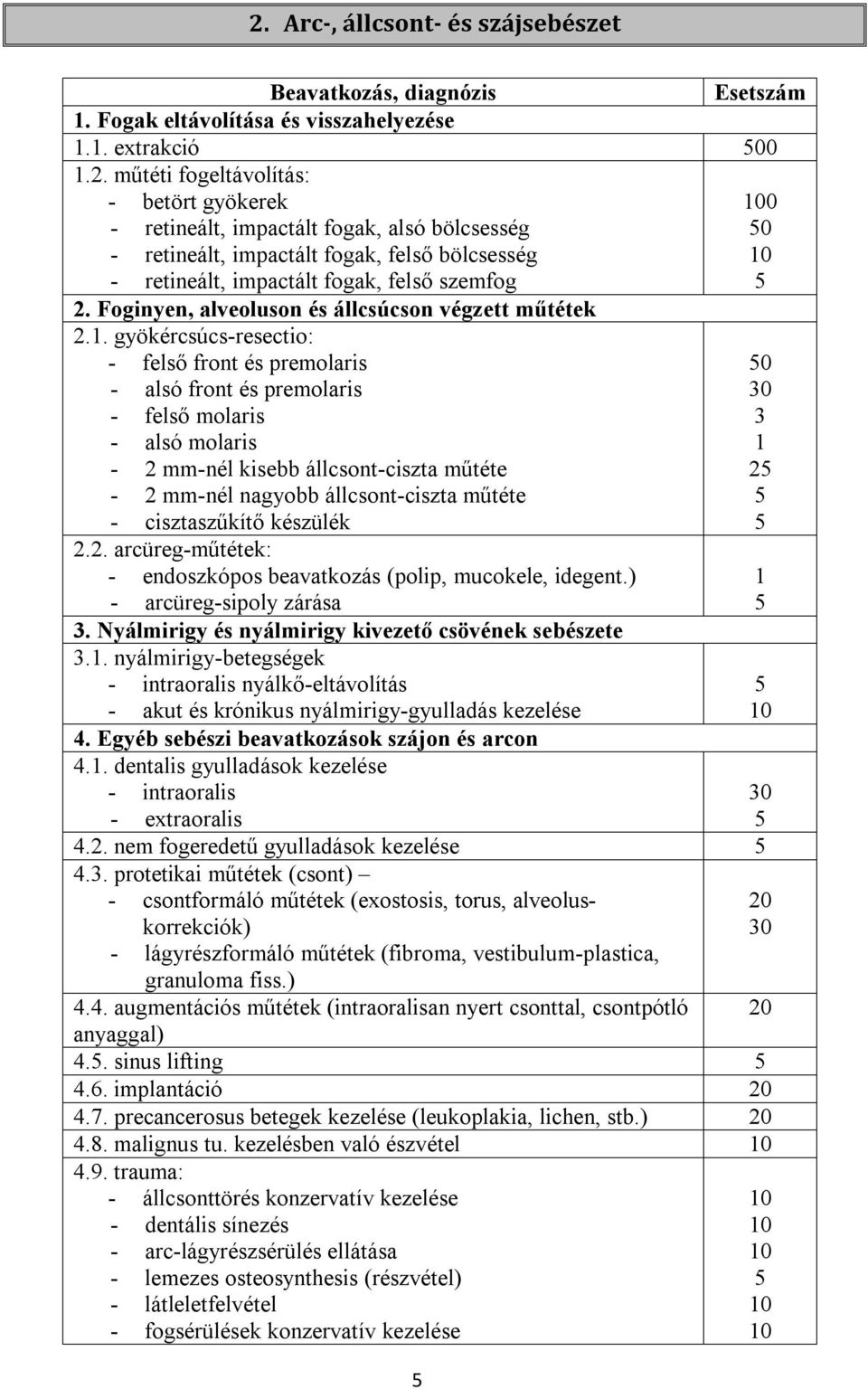 gyökércsúcs-resectio: - felső front és premolaris - alsó front és premolaris - felső molaris - alsó molaris - 2 mm-nél kisebb állcsont-ciszta műtéte - 2 mm-nél nagyobb állcsont-ciszta műtéte -