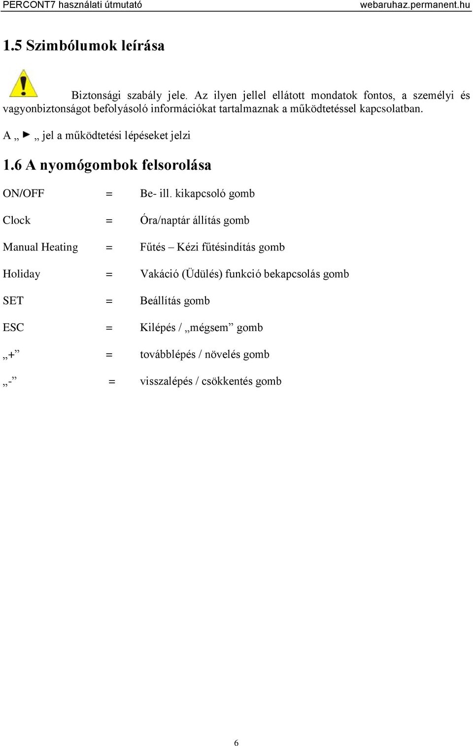 A jel a működtetési lépéseket jelzi 1.6 A nyomógombok felsorolása ON/OFF = Be- ill.