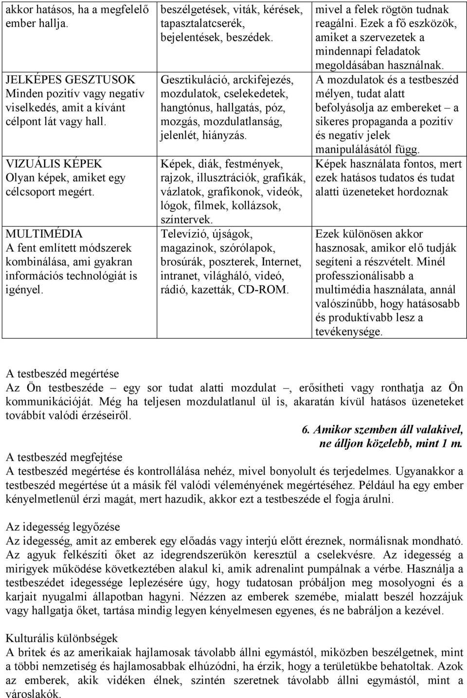 Gesztikuláció, arckifejezés, mozdulatok, cselekedetek, hangtónus, hallgatás, póz, mozgás, mozdulatlanság, jelenlét, hiányzás.